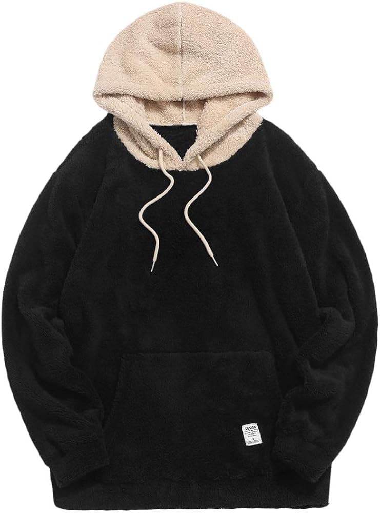 ZAFUL Fashion Sherpa Pullover Hooded Sweatshirts Unisex Colorblock Splicing Drawstring Fluffy Faux Fur Hoodies
