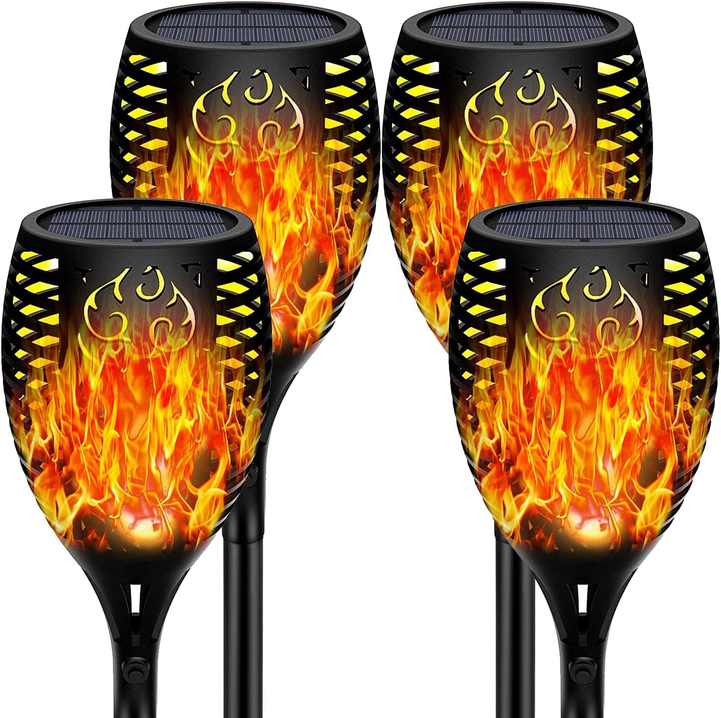 XSPRIT 4Pack Solar Lights Outdoor,96 LEDs Solar Tiki Torches with Flickering Flame for Halloween&Christmas, Waterproof Landscape Decoration Mini Solar Lights for Garden Pathway Yard-Auto On/Off