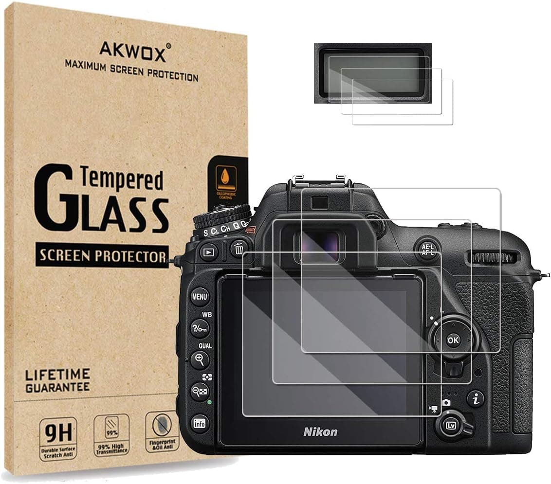 [3-Pack] 3pcs LCD Tempered Glass + 3pcs HD Clear PET Shoulder Screen Protector for Nikon D7500, Akwox [0.3mm 2.5D High Definition] 9H LCD Protective Cover,Anti-Scratch, Bubble-Free