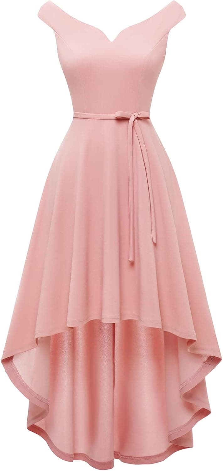 DRESSTELLS Off Shoulder Bridesmaid High Low Semi Formal Skater Dress for Juniors Teens Wedding Guest