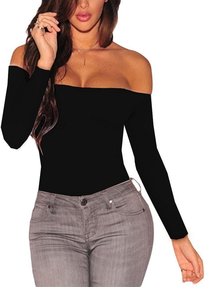 Lrady Women's Long Sleeves Bodysuit Off Shoulder Leotard Jumpsuits Rompers Tops