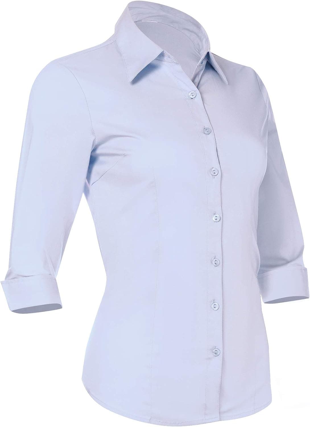 Pier 17 Button Down Shirts for Women Tailored, 3/4 Sleeve Shirt with Stretch - Semi Fitted for Slim, Fit Look - 97% Cotton and 3% Spandex - Lightweight and Soft Materials (Large, Blue)