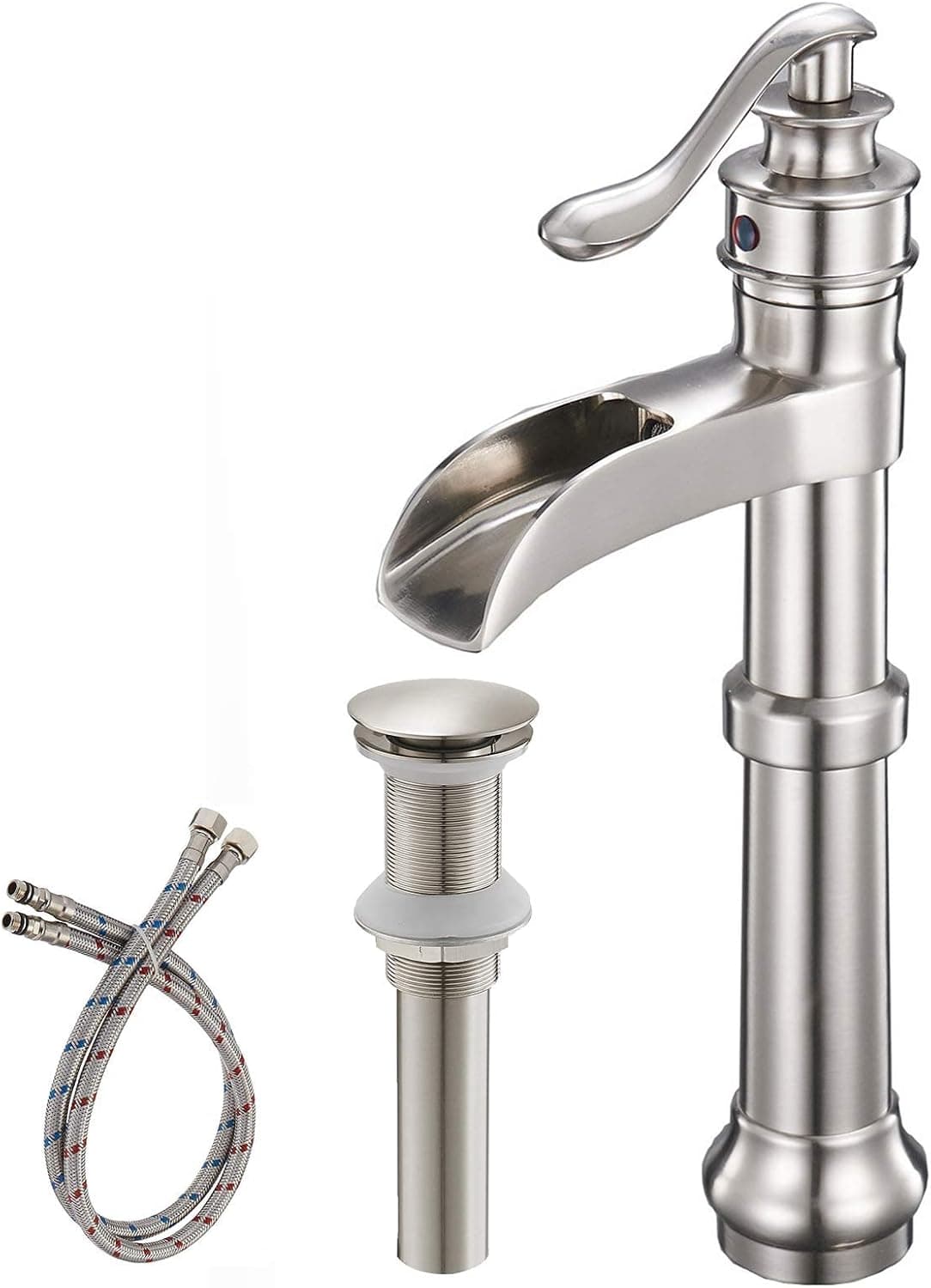 Aquafaucet Vessel Sink Faucet Brushed Nickel Matching Pop up Drain Assembly Without Overflow Stopper and Supply Line Lead-Free Lavatory Single Handle Single Hole Waterfall Bathroom Faucet Mixer Tap