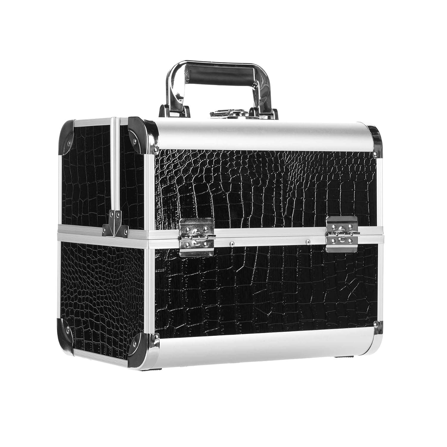 Professional Makeup Train Case Travel Beauty Cosmetic Trolley Box w/ 4 Adjustable Trays & Security Lock Makeup Cosmetic Organizer 12 Inch Large Black