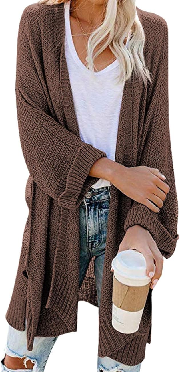 CPOKRTWSO Women's Loose Open Front 3/4 Sleeve Knit Kimono Cardigans Sweater with Pockets (Large - X-Large, A91-brown)