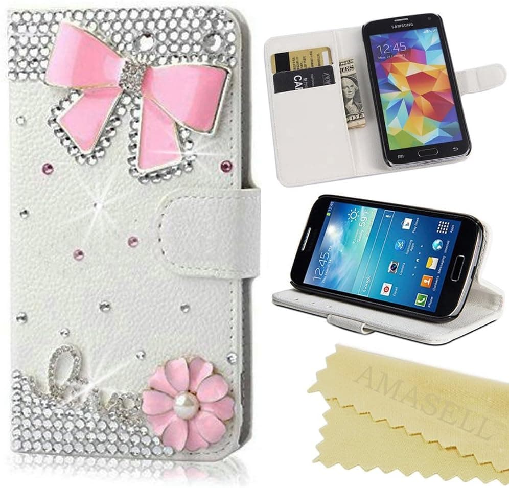 AMASELL Amazon Fire Phone Luxury Handmade Bling Crystal Diamond Leather Wallet Stand Case For Amazon Fire Phone, pink bowknot