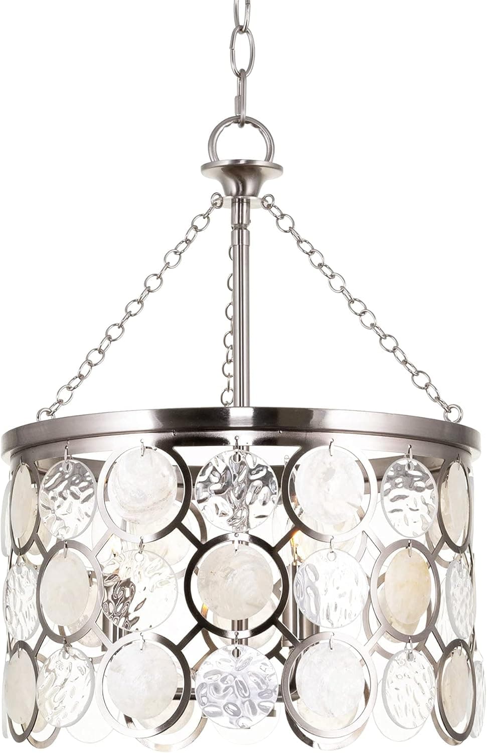 Kira Home Estelle 18" Modern Chic 3-Light Crystal Pendant Chandelier, Wavy Glass + Capiz Shell Accents, Brushed Nickel Finish