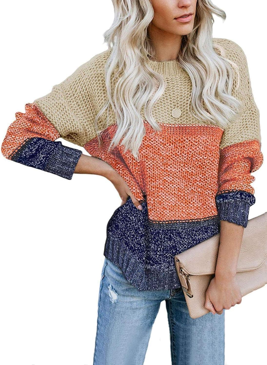 LOSRLY Women Color Block Striped Casual Pullover Sweater(S-XL)