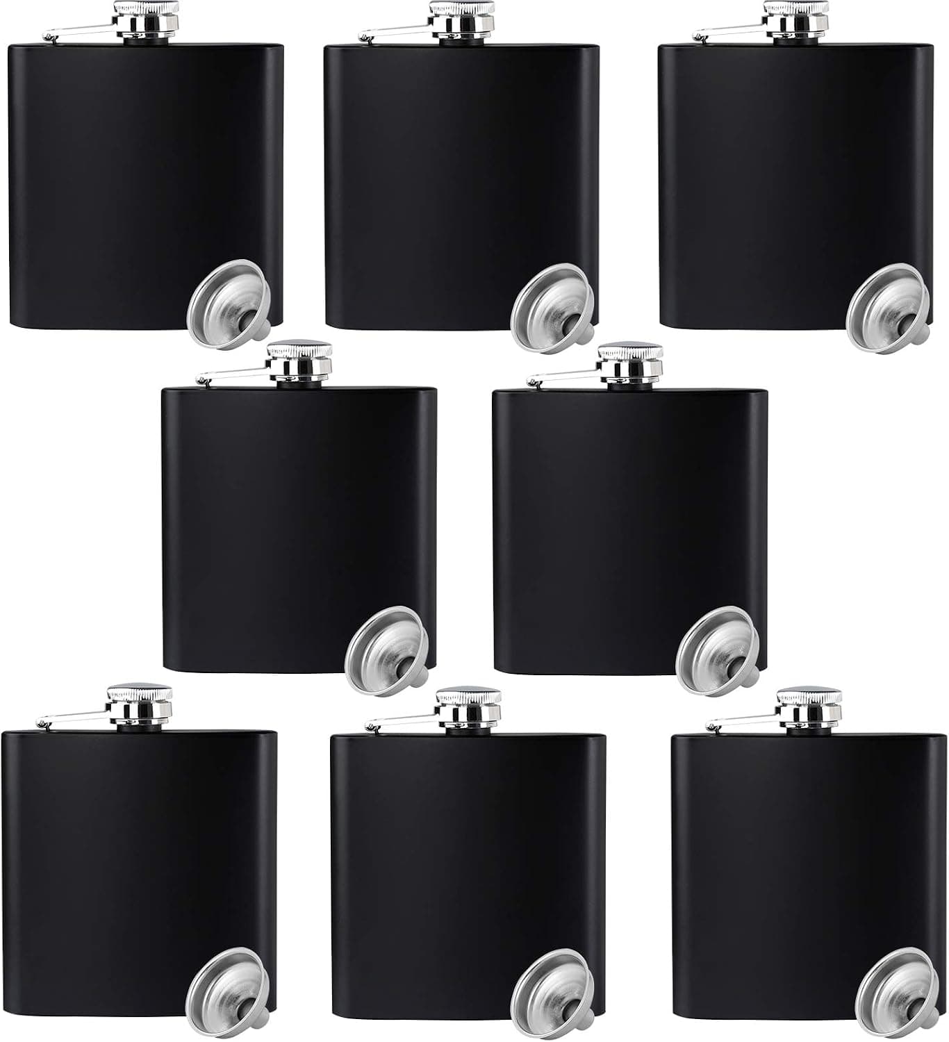 Black Flask Stainless Steel with Funnel,6 Oz, Set of 8