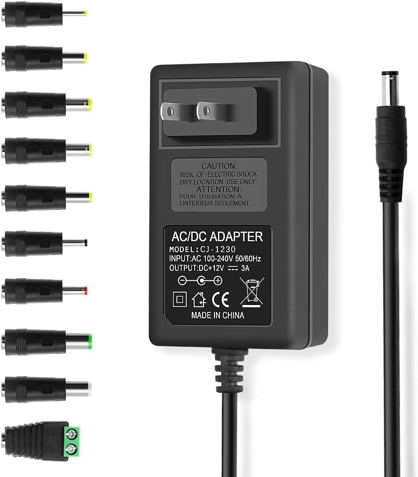 DC 12 Volt 3 Amp Power Supply Adapter 36W 12Volt 3Amp AC Adapter 100-240V 50-60Hz AC to DC 12V 3A Power Adapter with 10 Sizes of Tips for LED Strip Light TV Boxes CCTV Camera Router etc