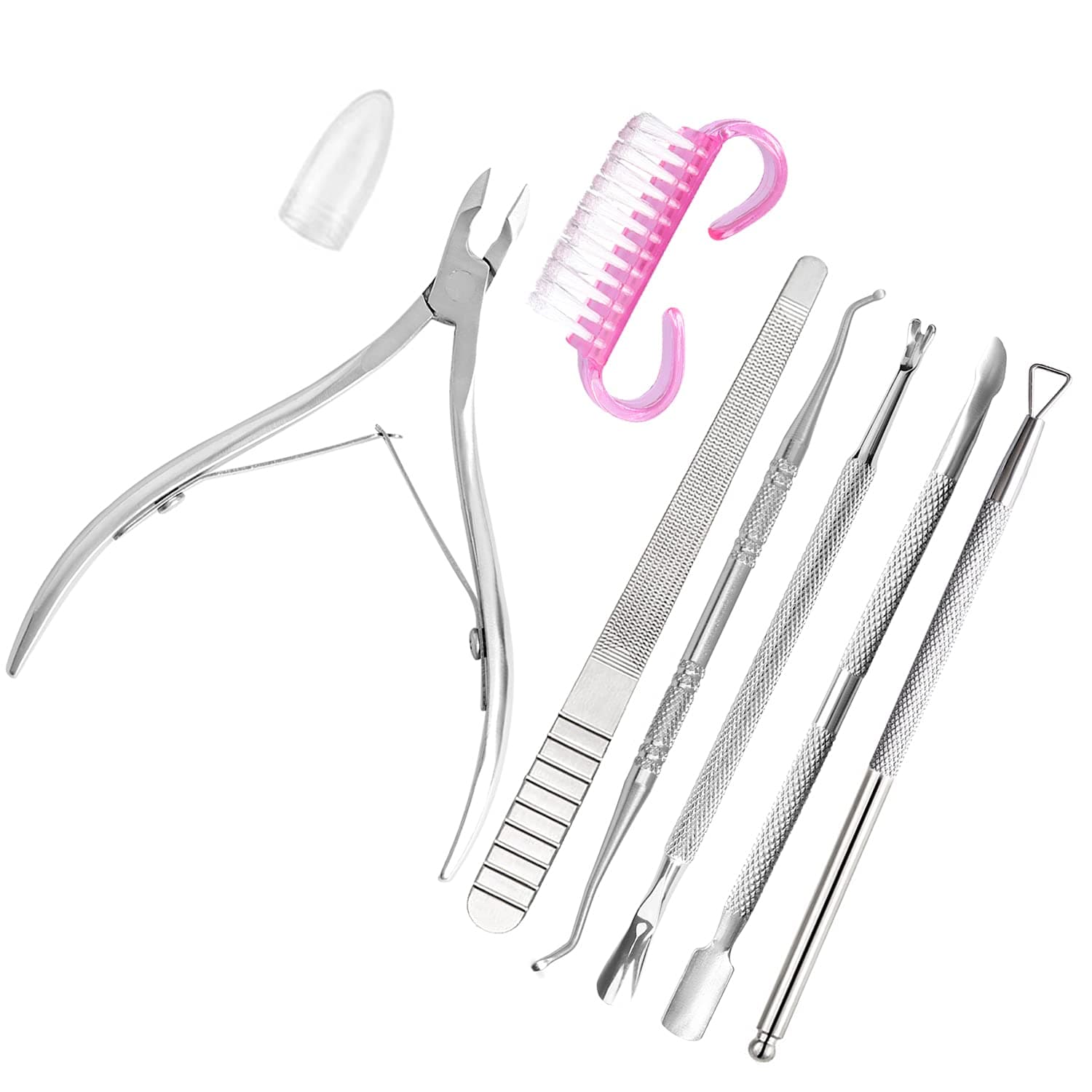 7Pcs Cuticle Pushers Set, Nail Cuticle Tools Kit Include Stainless Steel Cuticle Clipper Pushers Nail File Dead Skin Fork Lifter Nail Brush for Manicure Fingernail Ingrown Toenail