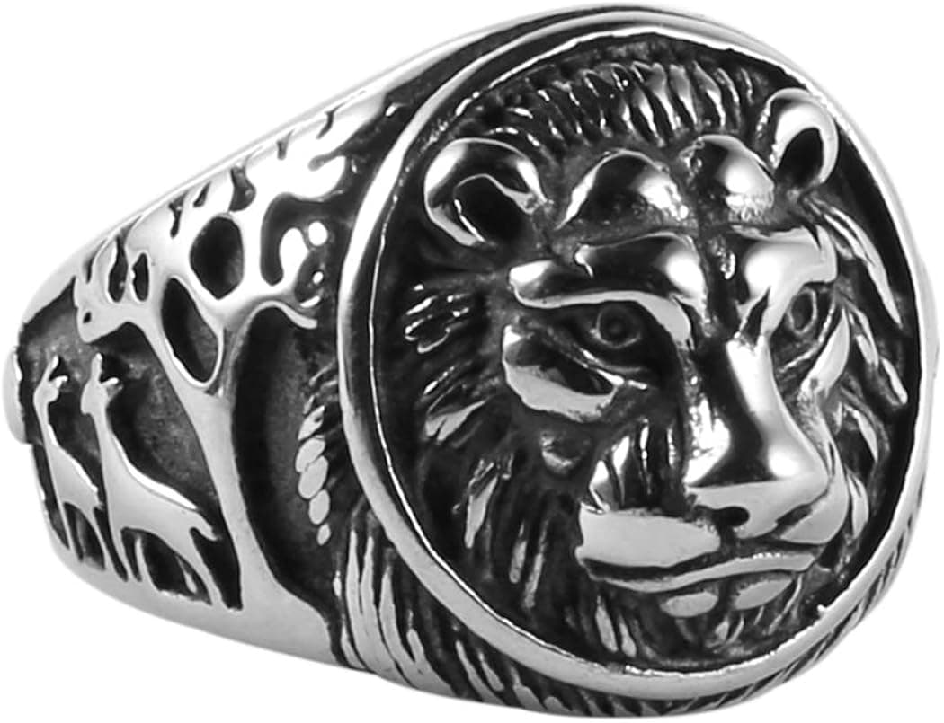 HZMAN Men's Vintage Stainless Steel Ring Lion Head Shield Biker Gold/Silver/Black