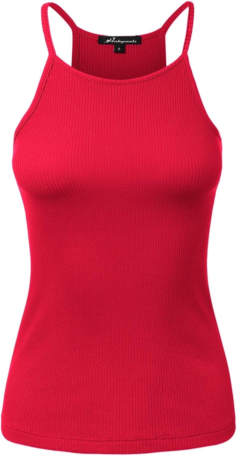Women's High Neck Cotton Rayon Ribbed Racerback Halter Sleeveless Tank Tops