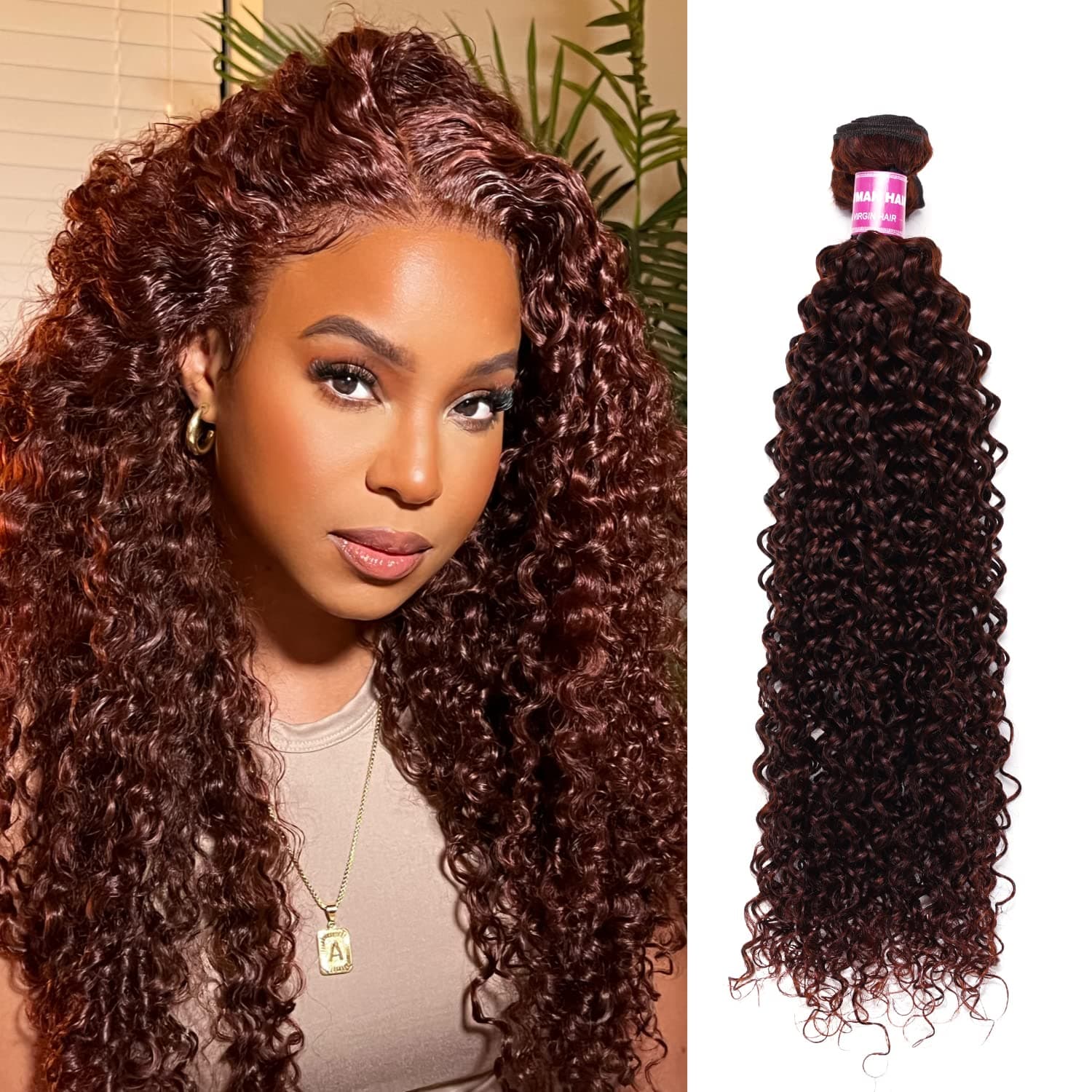 Julia Hair 12A Reddish Brown Virgin Curly Weave Human Hair 1 Bundle Human Hair for Women, 100% Brazilian Remy Hair Auburn Brown Copper Red Jerry Curly Human Hair Bundle Wavy Weaves for Sew in Extensions 33B Color 8 Inch