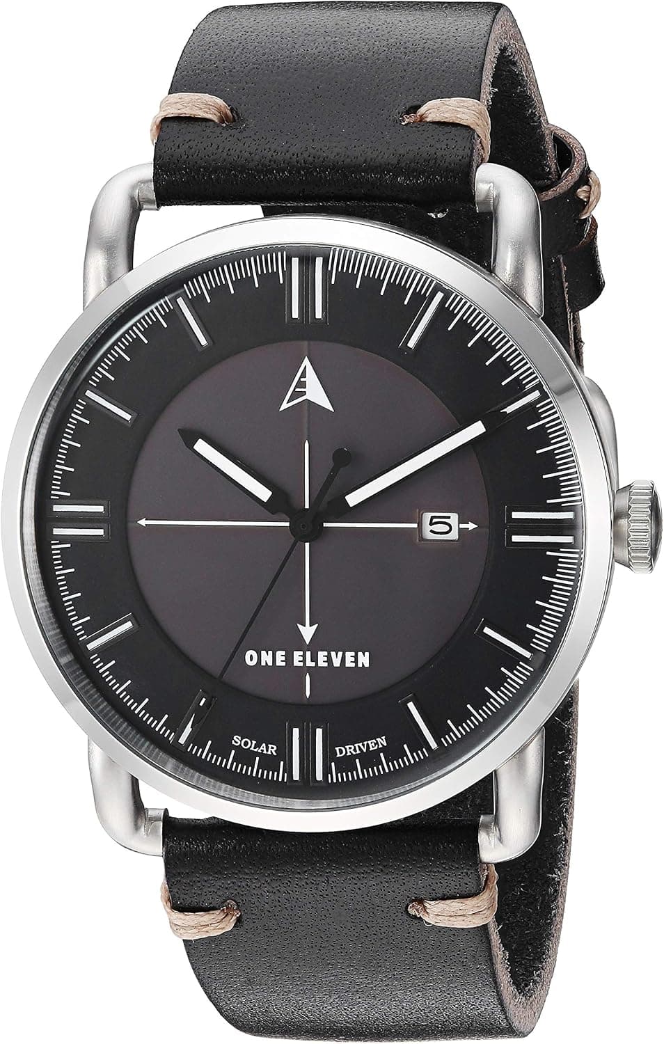 One Eleven Men's SW1 Solar Quartz Stainless Steel and Leather Casual Watch, Color: Silver, Black (Model: CBOE2003)