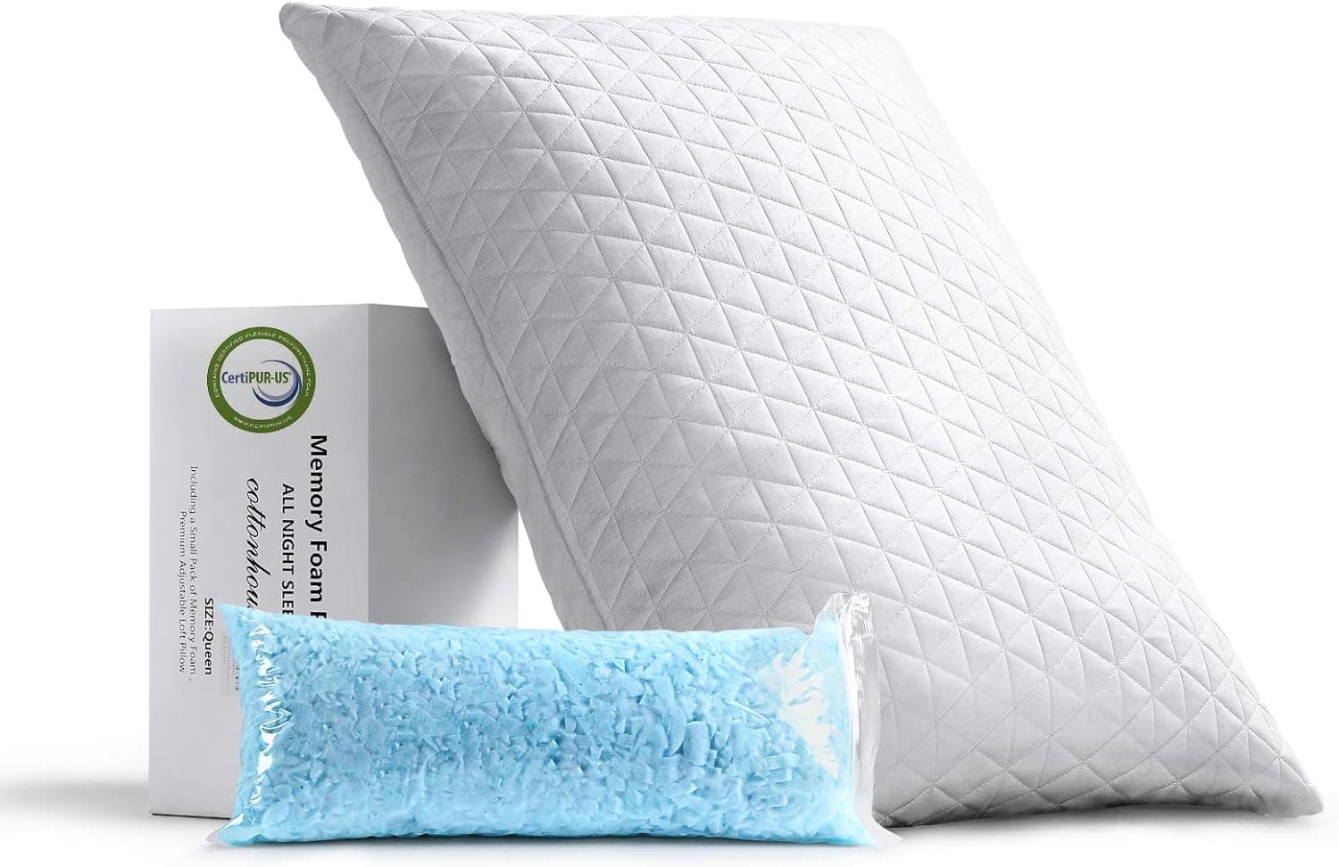 COTTONHOUSE Bed Pillow with Shredded Memory Foam - Adjustable Loft Sleeping Pillow with Cooling Bamboo Washable Zipped Cover King Size