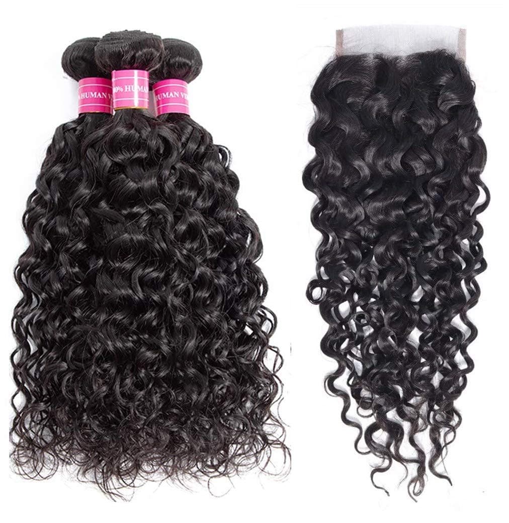 Brazilian Water Wave Bundles with Closure 100% Virgin Wet and Wavy Human hair Weave Bundles with Closure Free Part 9A Ocean Wave Human Hair Natural Color (12 14 16+10)