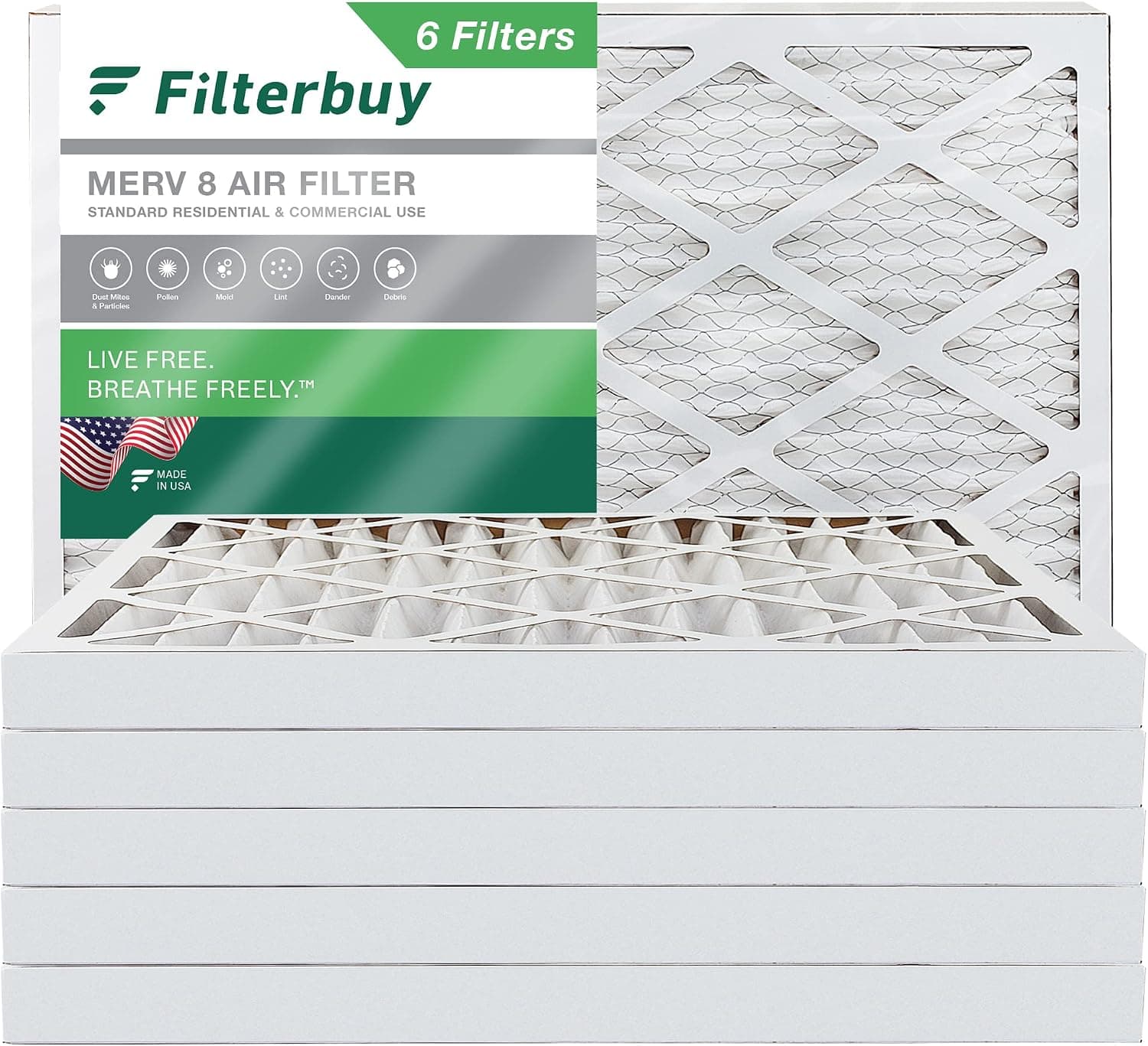Filterbuy 16x24x2 Air Filter MERV 8 Dust Defense (6-Pack), Pleated HVAC AC Furnace Air Filters Replacement (Actual Size: 15.38 x 23.38 x 1.75 Inches)
