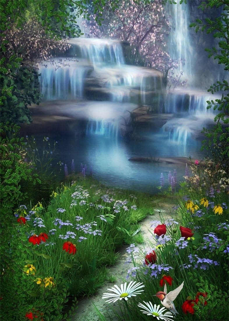 AOFOTO 5x7ft Garden Waterfall Photography Backdrop Nature Spring Wildflowers Falls Wonderland Background Dreamy Cascade Meadow Flowers Grassland Girl Birthday Party Decoration Photo Studio Props Vinyl