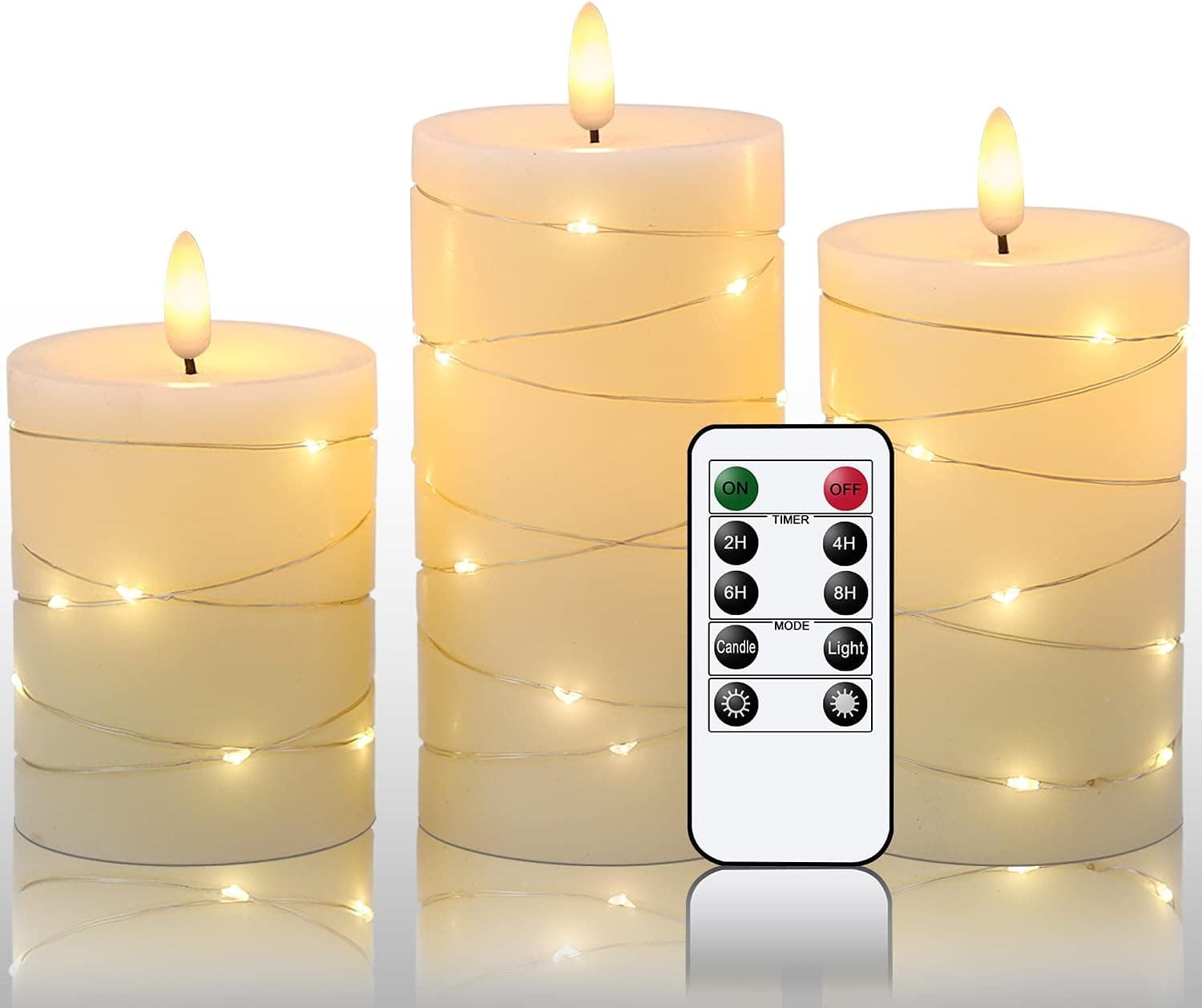 Eldnacele Flameless Flickering Candles with Embedded String Light, 3D Wick Battery Candles with Remote and Timer, Ivory Real Wax Pillar LED Candles Set of 3 (D3”x H4” 5” 6”) for Decoration