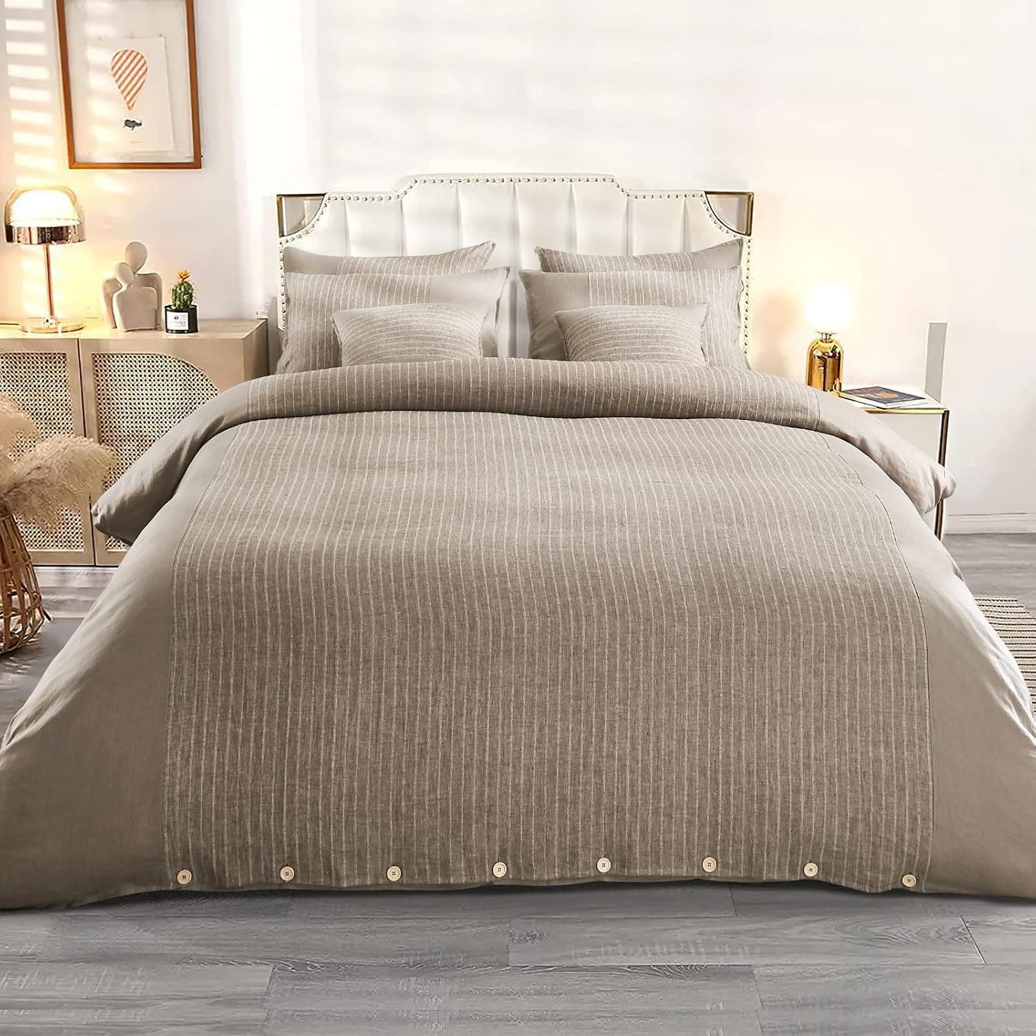 howdy deco 100% Stone Washed Pure French Linen Duvet Cover Twin Jaquard Soft Breathable Patchwork 2 Pcs Bedding Set Stripe with Button Closure (1 Duvet Cover + 1 Pillow Sham)