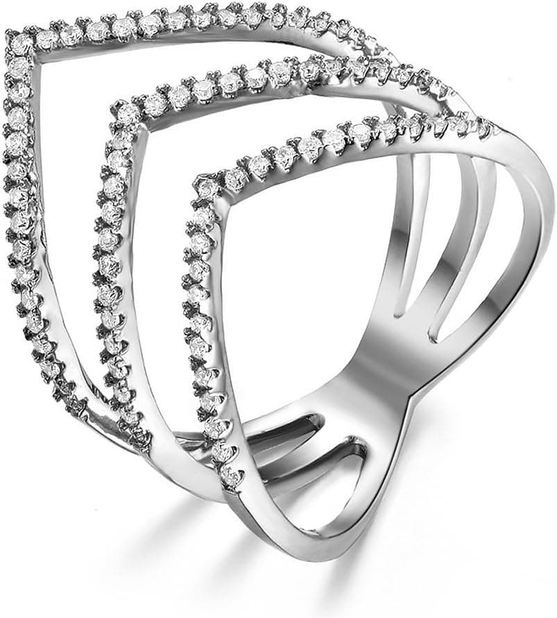 Redbarry Triple V Shaped Statement Rings with Micro CZ Stones Paved in 18k Platinum Plated, Size 6.5