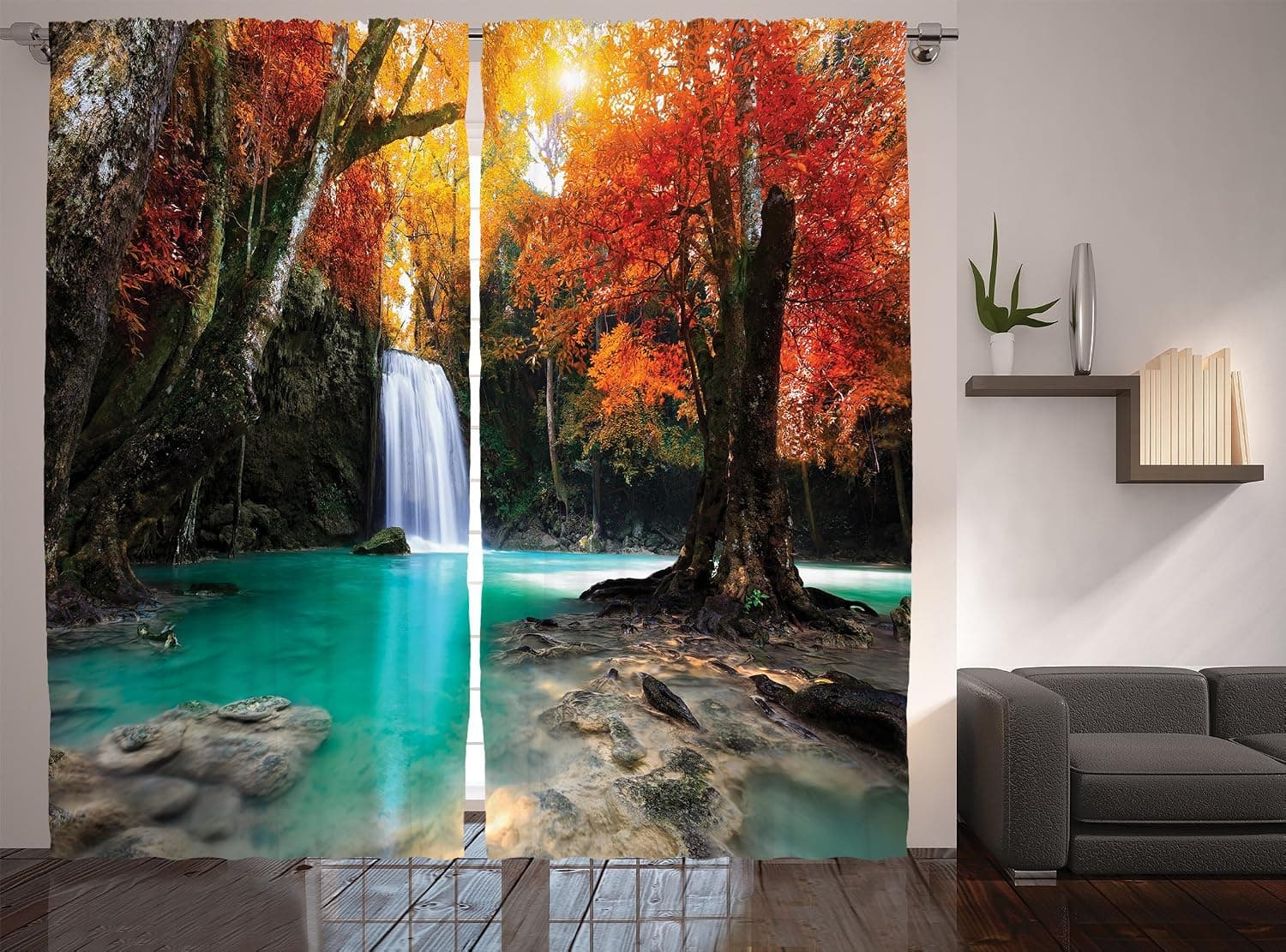 Ambesonne Waterfall Curtains, Deep Forest and Waterfall Autumn Fall Seasonal Forest Print, Living Room Bedroom Window Drapes 2 Panel Set, 108" X 84", Turquoise Orange