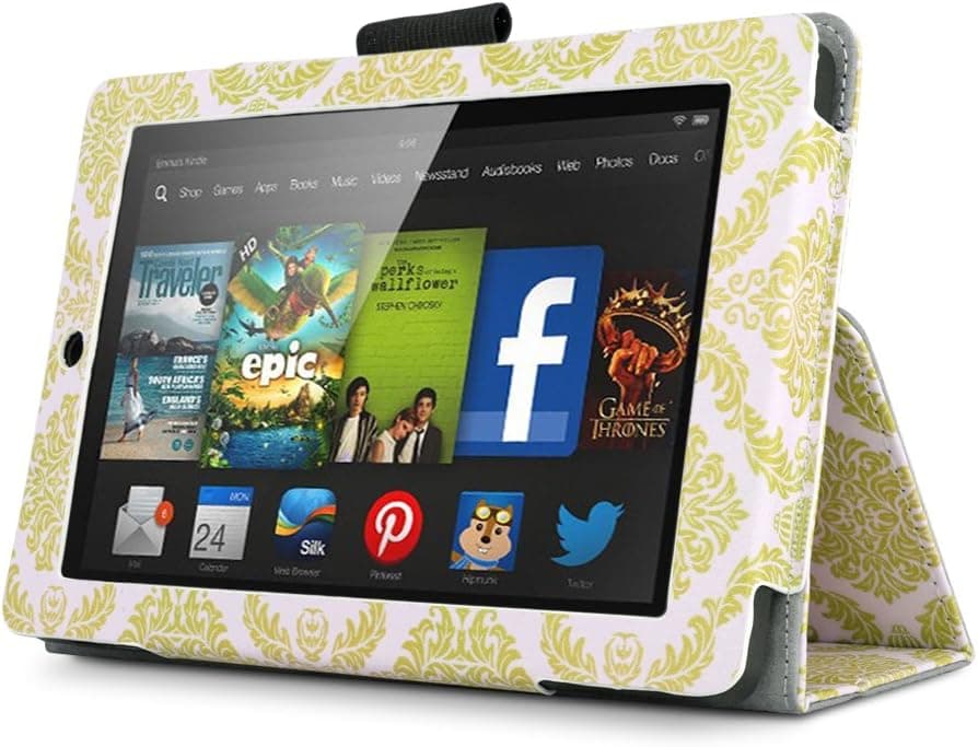TNP New Fire 7 Case (Damask Gold) - Slim Fit Synthetic Leather Folding Folio Case Cover Stand for Amazon New Fire 7 Inch (5th Generation) 2015 Release Tablet with Stylus Holder