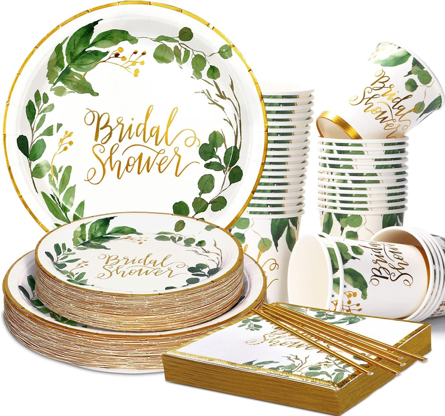 LOOWVY Bridal Party Decorations Gold and Green Wedding Shower Plates and Napkins Party Supplies for Engagement Wedding the Bride-To-Be Bachelorette Party Favors, Serves 50 Guests