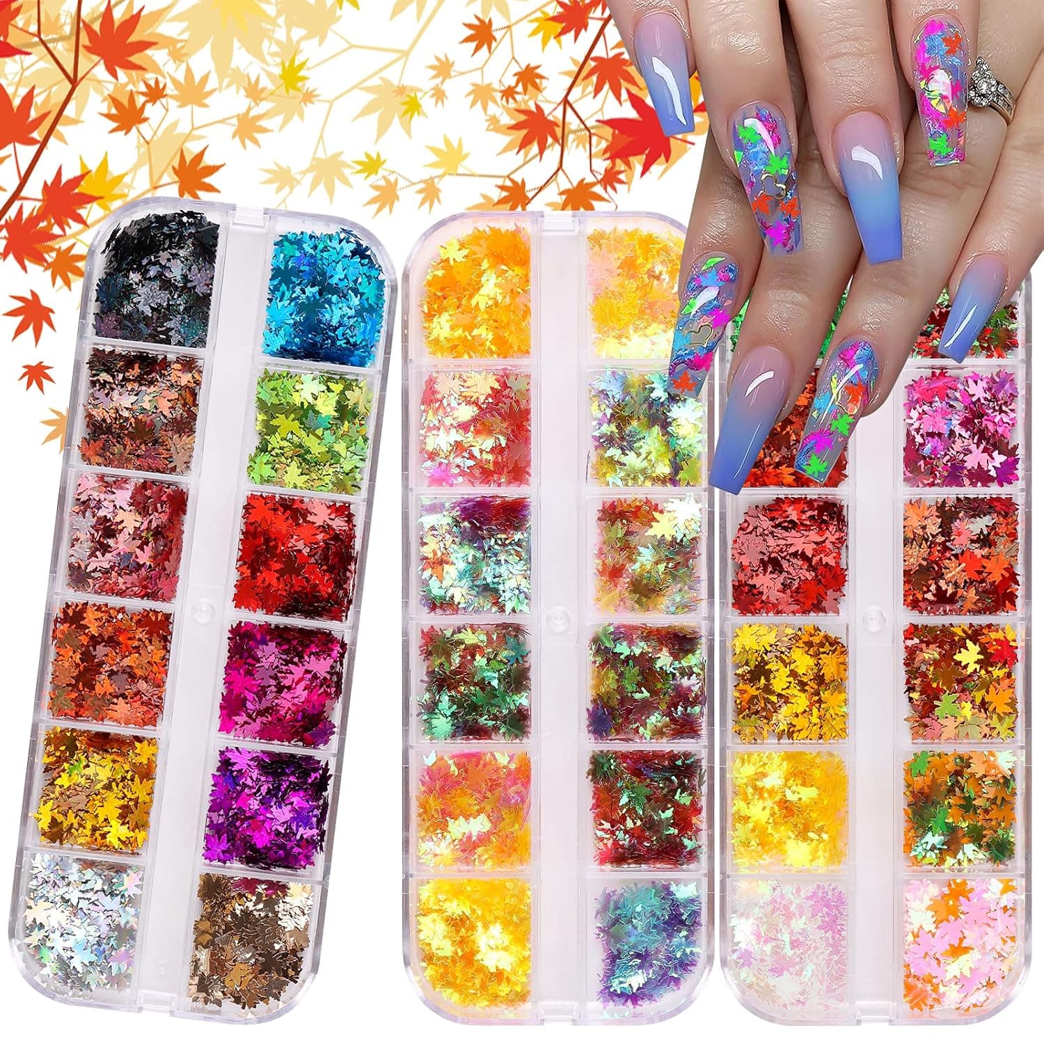 Kalolary 3 Boxes Maple Leaves Nail Art Glitter Sequins, 3D Fall Leaves Iridescent Confetti Flakes, DIY Resin Crafts Design Glitter Decorations