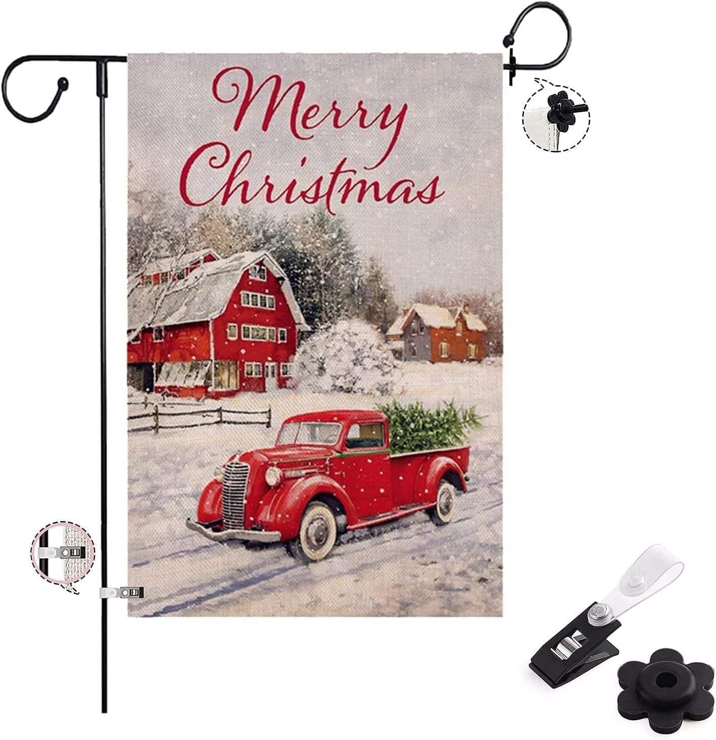 Merry Christmas Garden Flag Xmas Red Truck Tree Double Vertical Sided Winter Farmhouse Rustic Quote Burlap Garden Flag Double Sided Vertical Yard Outdoor Decor Banner with Windproof clip