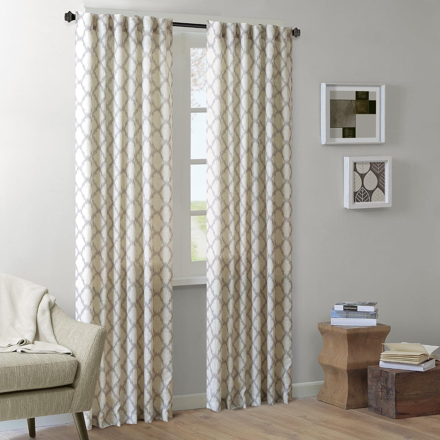Taupe Grommet Curtains For Living room , Modern Contemporary Linen Window Curtains For bedroom Family Room, Nakita Print Fabric Light Living room Curtains , 50X84", 1-Panel Pack