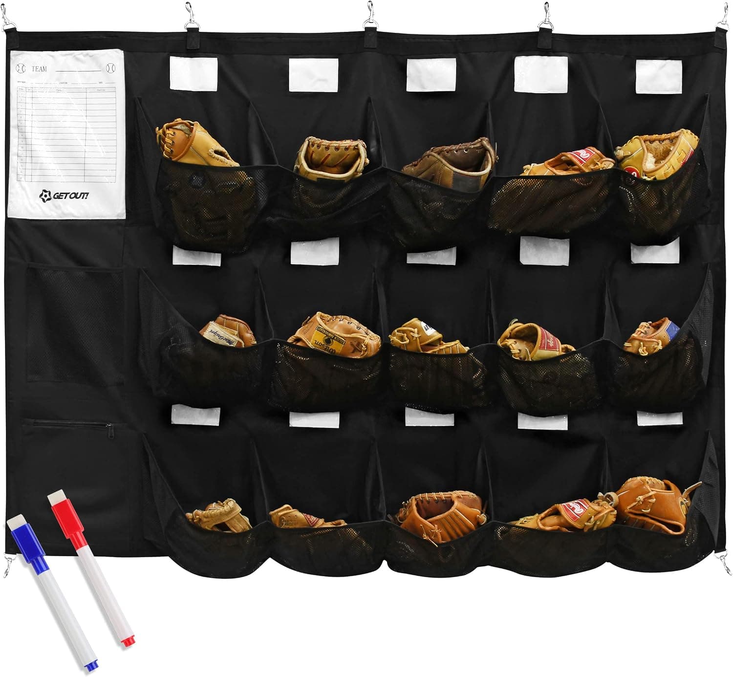 Get Out! Baseball Helmet Organizer, Baseball Team Lineup Form Dugout Organizer - 15 Pocket Glove and Helmet Storage with Bag Hooks and Name Tag Slots