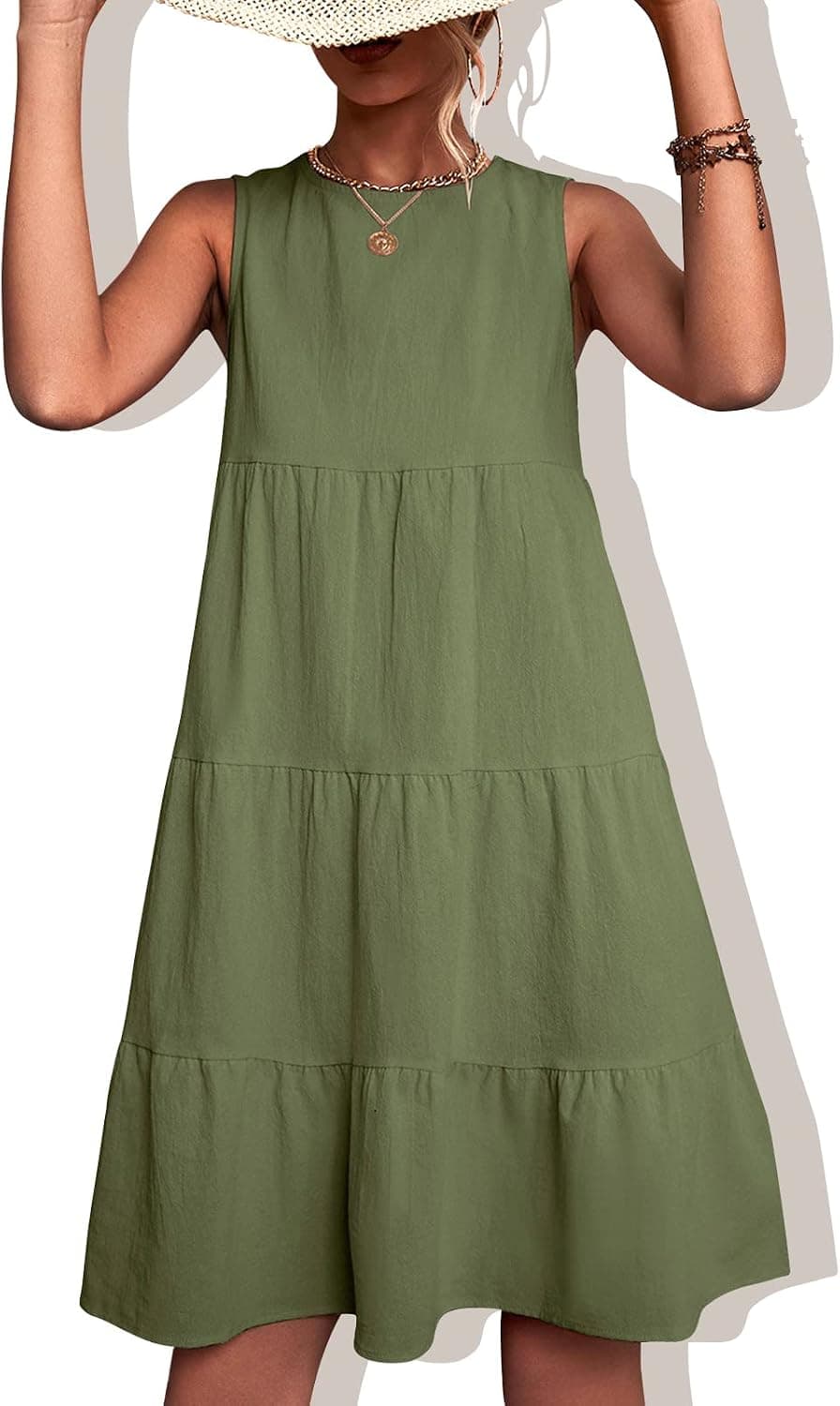 Zerone Sleeveless Casual Tiered Dresses, Round Neck Casual Summer Dresses Women Solid Elegant Casual Loose Hem Dress Army Green