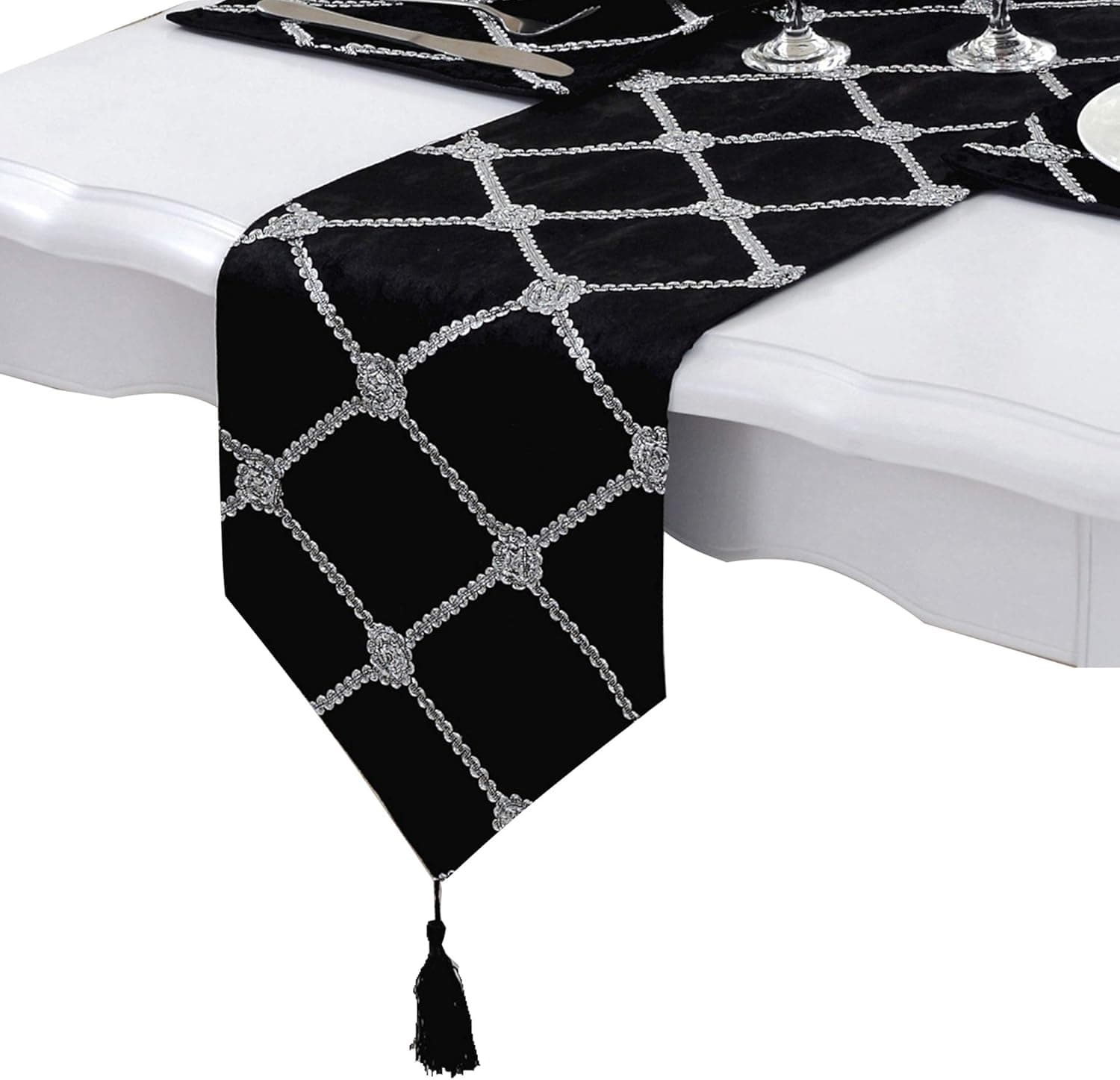 HoliSelear Multi-Size Velvet Luxury Geometric Glistening Table Runner 72 Inches Long, 13 x 72, for Farmhouse Kitchen Tea/Coffee Table Dining Room Decoration Party Dresser Black