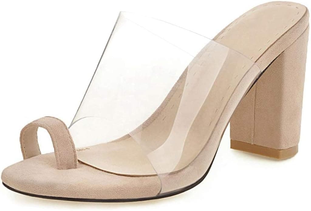 MIOKE Women's Clear Mid Block Heel Slide Sandals Open Toe Comfort Transparent Chunky Heeled Mules Sandal