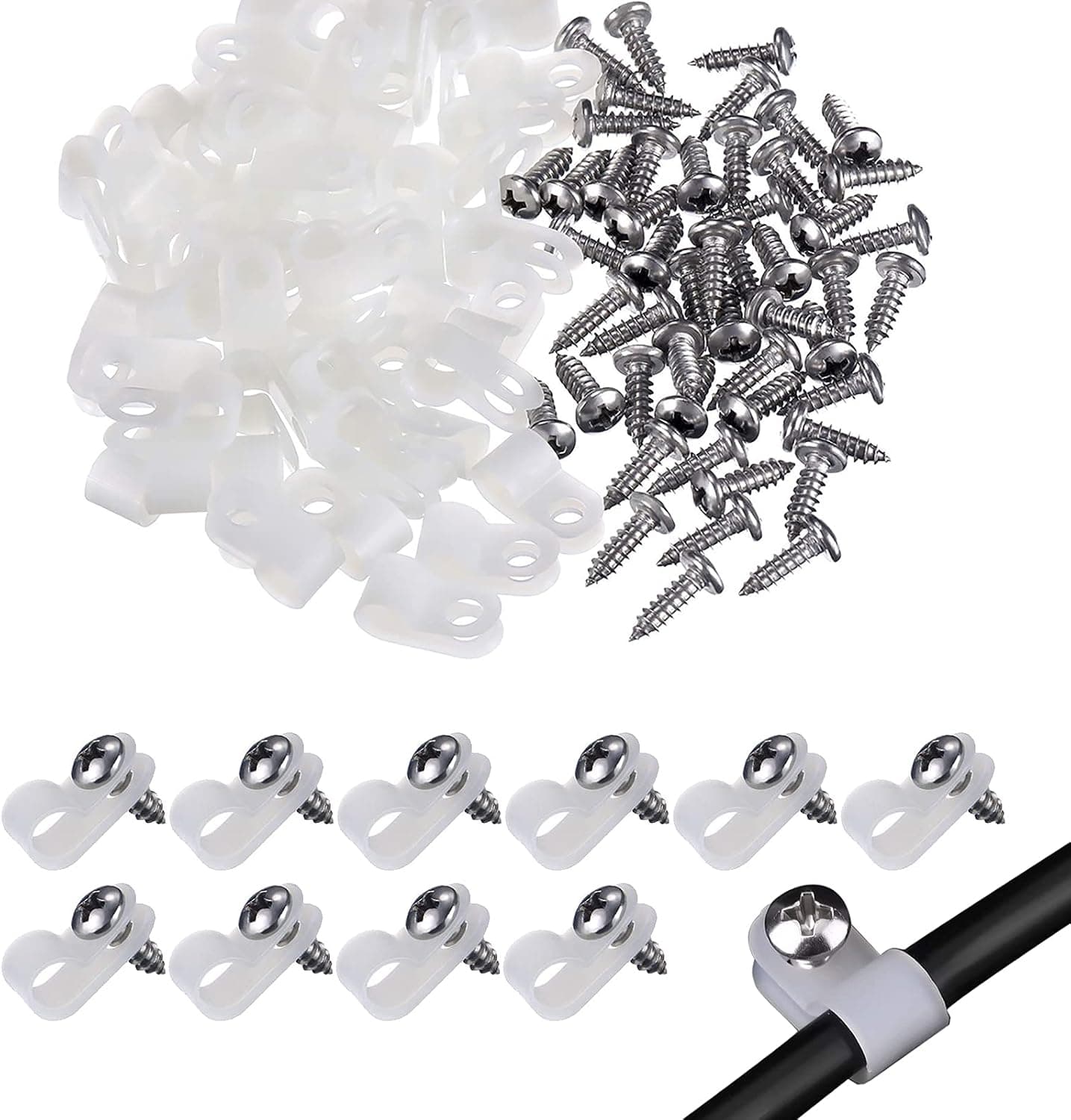 VIPMOON 100 Pack 1/4 Inch R-Type Clip Cable Fastener Wire Clamp Nylon Screw Mounting Electrical Grip Wire Clips with 100 Pcs Screws for Wire Management-Home, Automotive, Marine, Office Wire Organizer