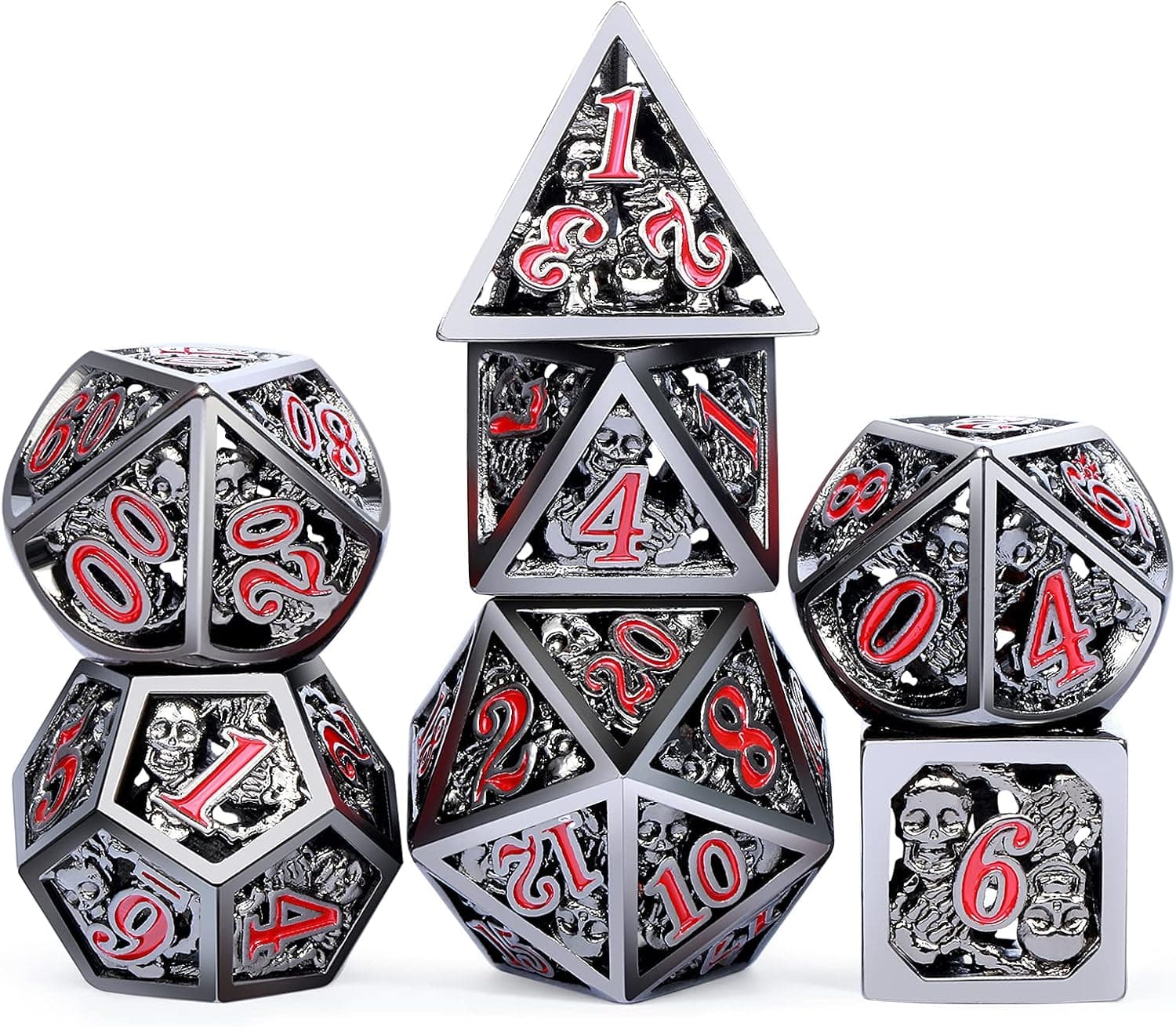 DNDND Skull Hollow Metal DND Dice Set,7 Pieces Metallic D&D Die with Velvet Pouch for Dungeons & Dragon Game (Nickel-Plated with Red Number)