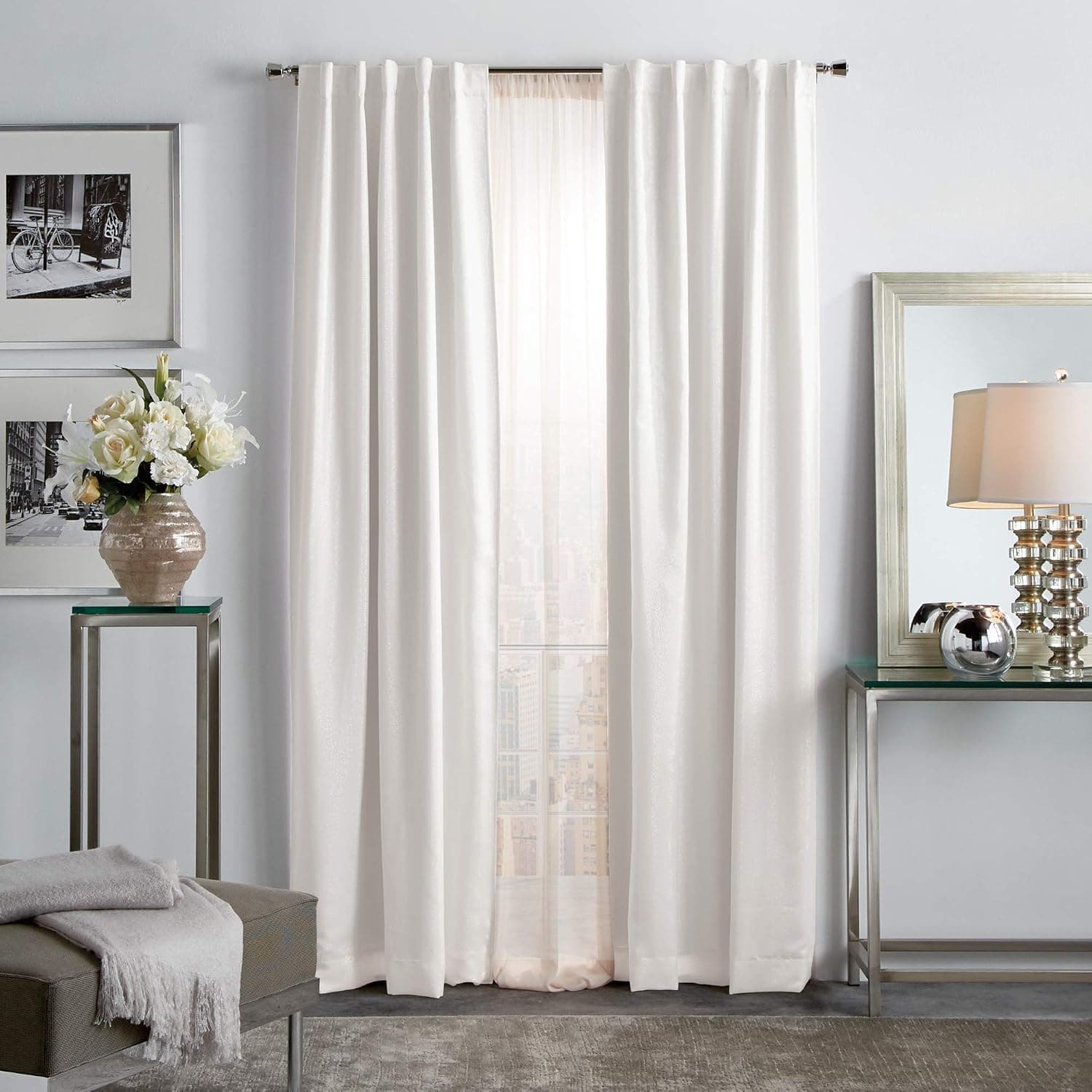 MARTHA STEWART Park Avenue Metallic Blackout Back Tab Window Curtain Panel Pair, 95", Blush