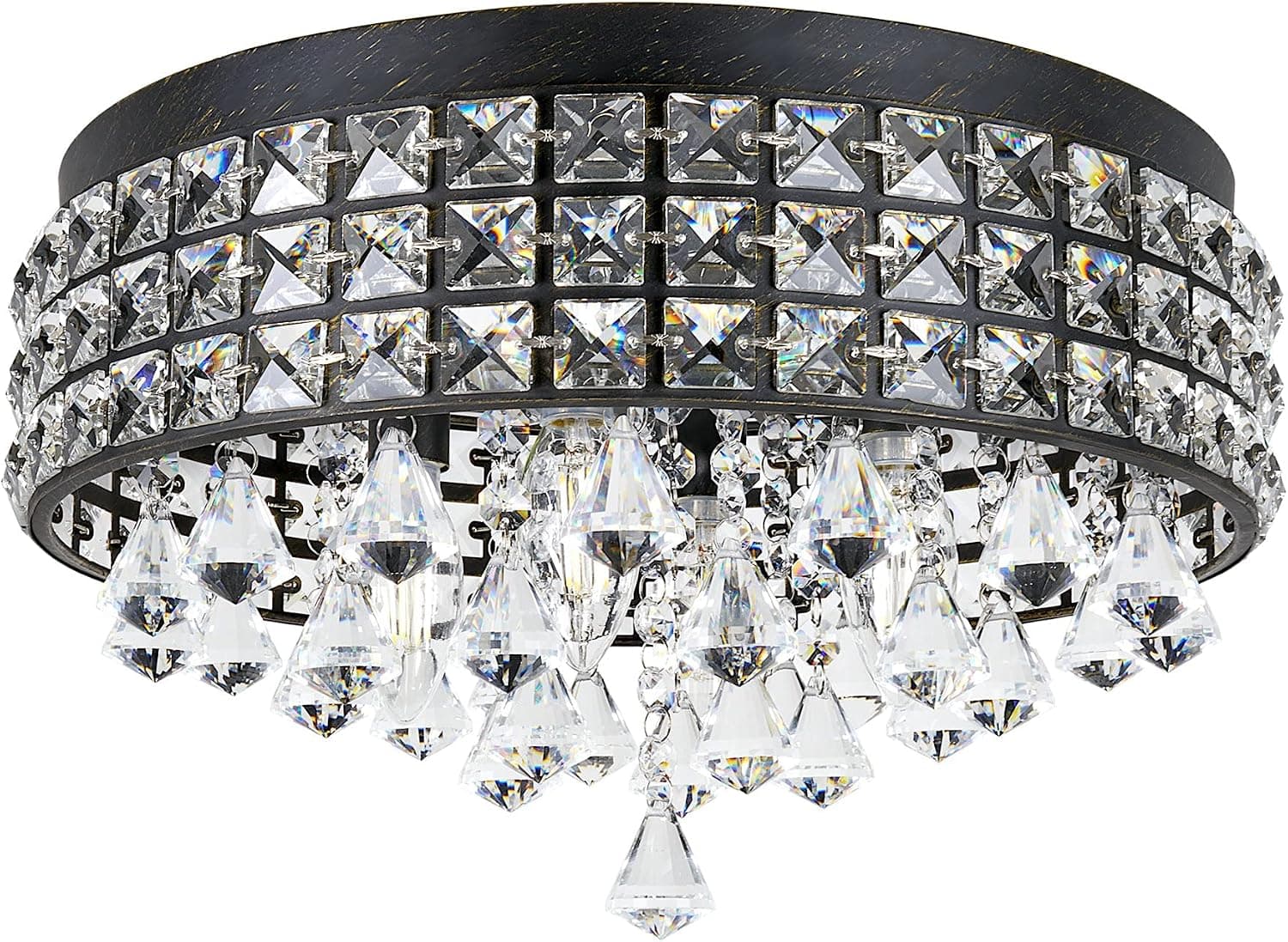 Kira Home Gemma 15" Modern Chic 4-Light Flush Mount Crystal Chandelier + Round Metal Shade, Dimmable, Brushed Black Finish
