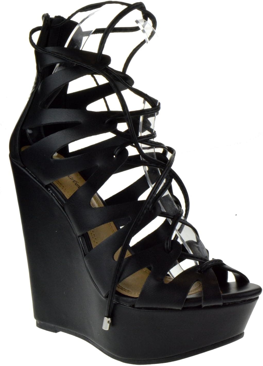Vivi 37 Womens Strappy Tall Wedge Lace Up Sandals Black