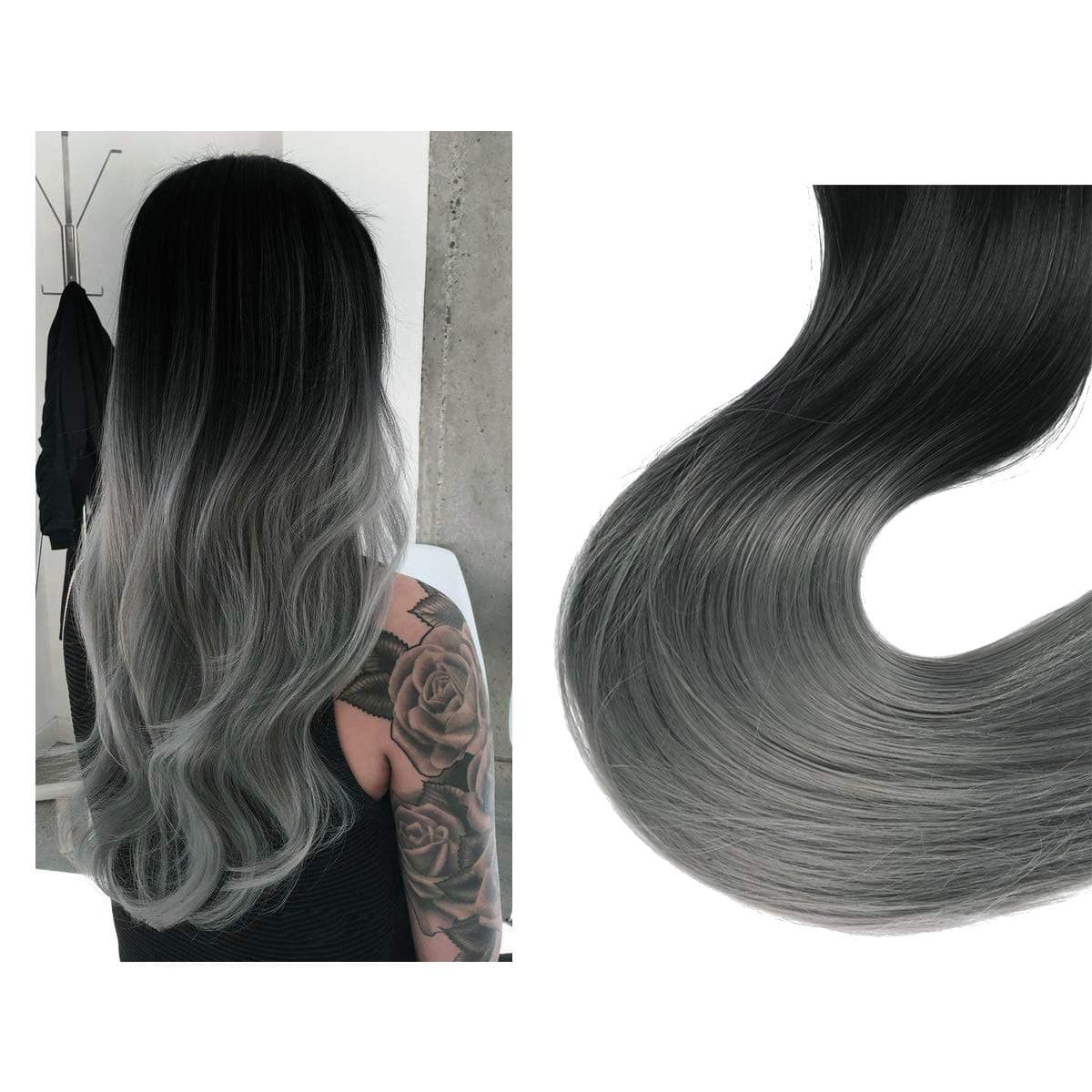 Ombre Synthetic Hair Extension Black to Gray Curly Short Halo Hairpiece 14 Inch 3.7 Oz Hidden Wire Headband for Women Heat Resistant Fiber No Clip SARLA(M04&2Tgray)