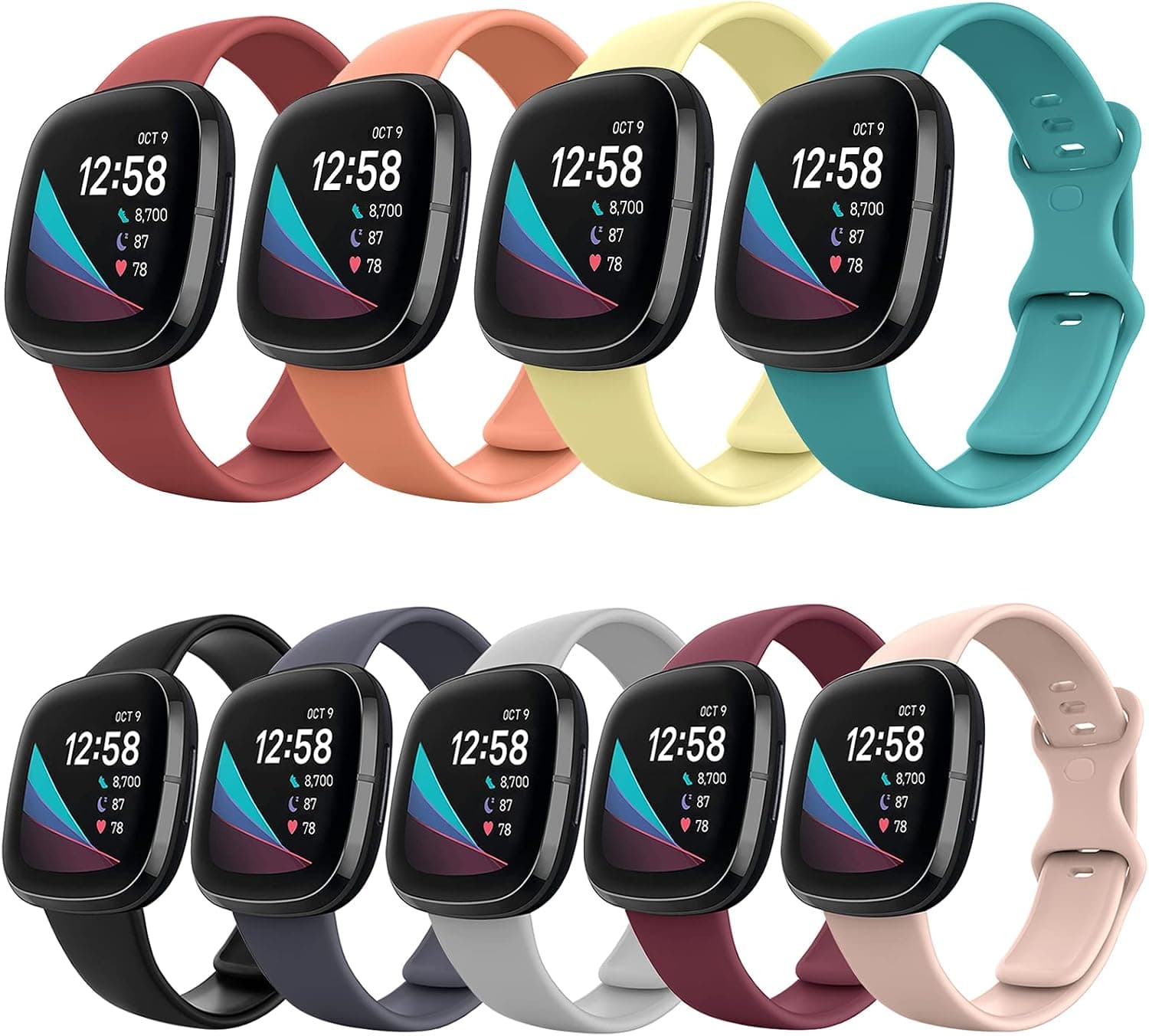 9 Packs Bands Compatible With Fitbit Sense / Fitbit Versa 3 For Women Men, NAHAI Soft Silicone Sport Strap Classic Elastic Replacement Wristbands Accessories for Fitbit Sense/Versa 3 Smartwatch, Large Small