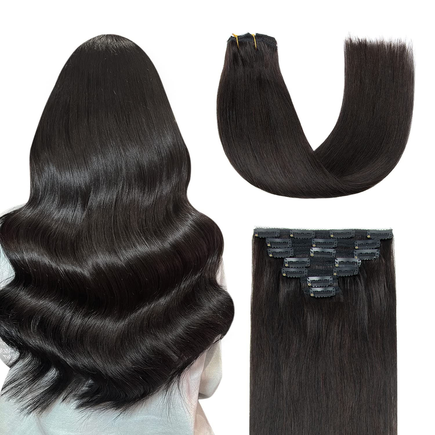 AGMITY Hair Extensions Clip in Human Hair Natural Black 7 Pieces 18 inches 120g Seamless Double Weft Straight Clip in Extensions Real Remy Human Hair Thick(18 inches #1B Off Black)