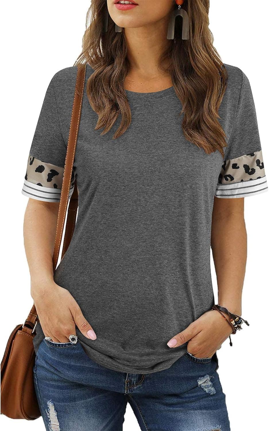 KILIG Womens Long Sleeve Tunic Tops Crew Neck Leopard Color Block Patchwork Casual T-Shirts