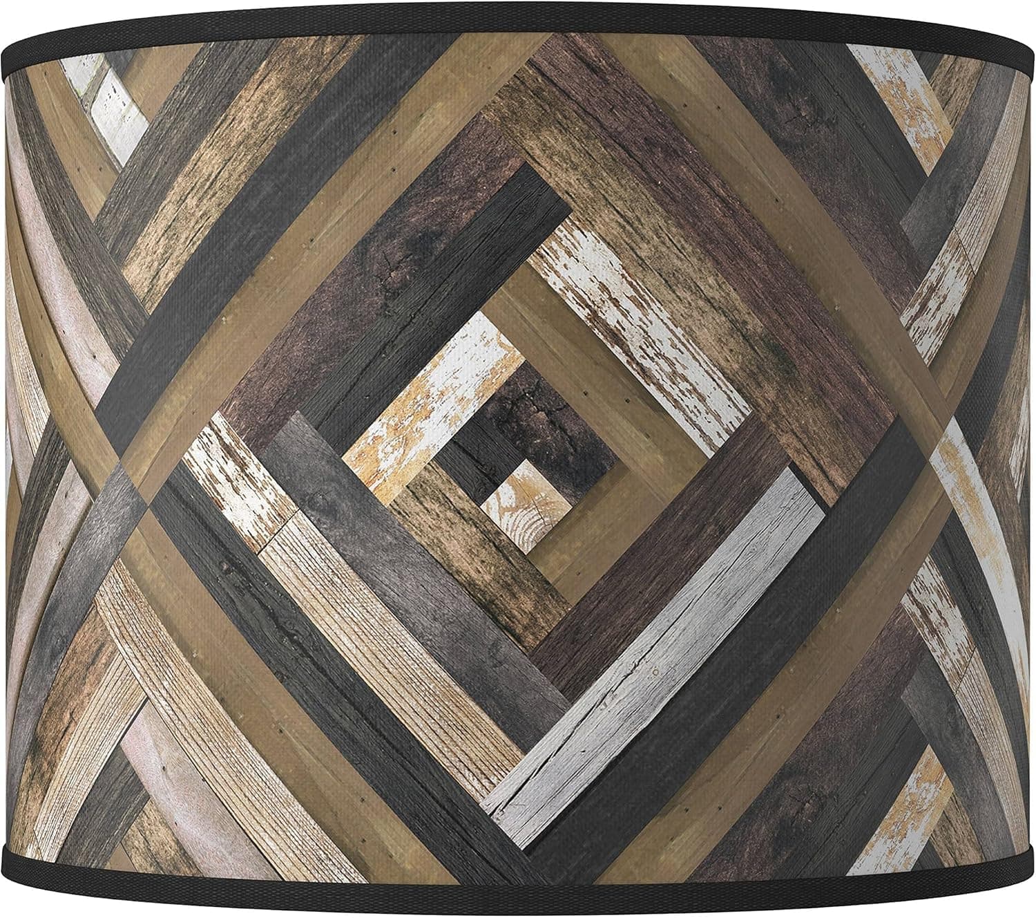 Round Hardback Drum Print Lamp Shade Woodwork Diamonds Black Brown Medium 14" Top x 14" Bottom x 11" High Spider with Replacement Harp and Finial Fitting - Giclee Glow