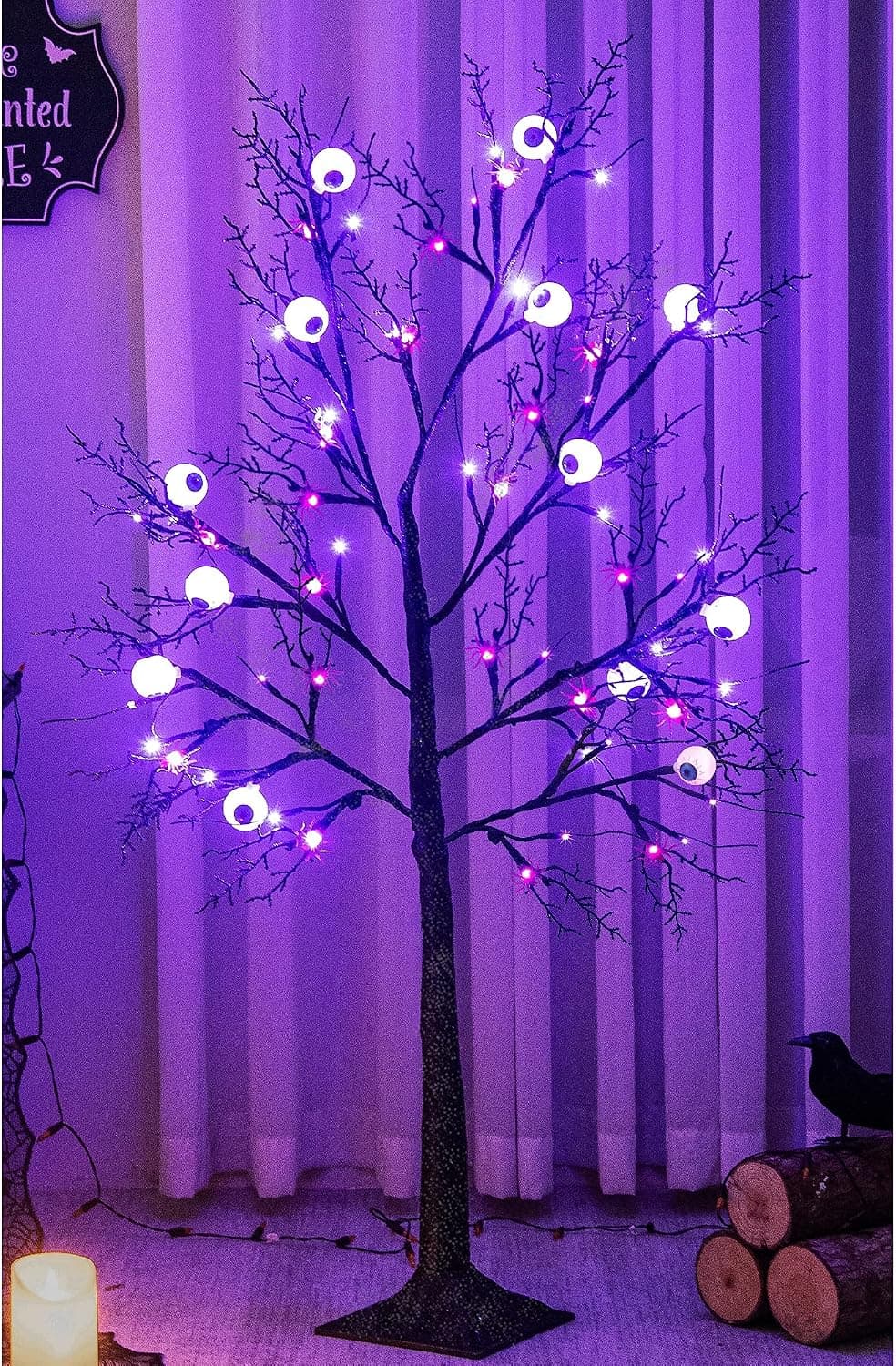 Joliyoou 4FT Halloween Decorations, 48 LEDs Purple Light Up Glittered Black Spooky Tree with 12 Spiders, 24V Low Voltage Light Up Artificial Tree for Indoor Halloween Holiday Party Decoration