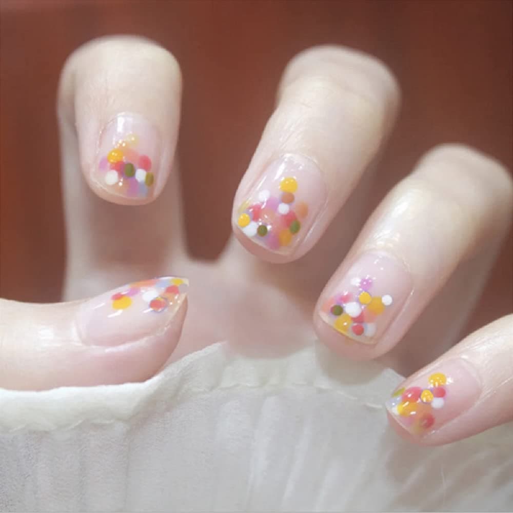 Hokycusvi Candy Color Dotted Colorful Nail Short False Nail Full Cover False Nails Fake Nail Tips 24Pcs/Set with Liquid Glue (Dotted)