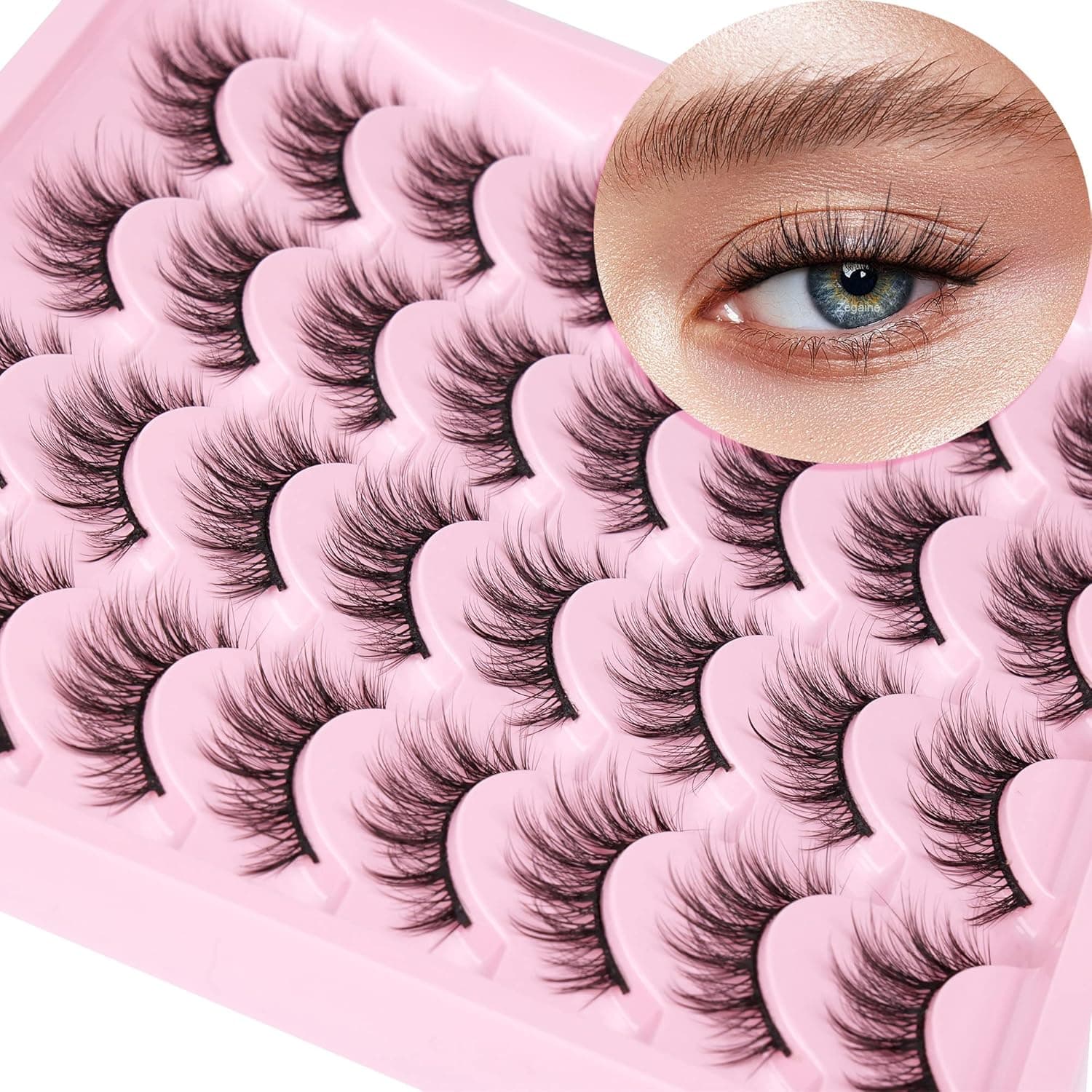 False Lashes Natural Look Wispy Faux Mink Lashes Fluffy 12MM Short Eyelashes 16 Pairs Zegaine Lashes Pack