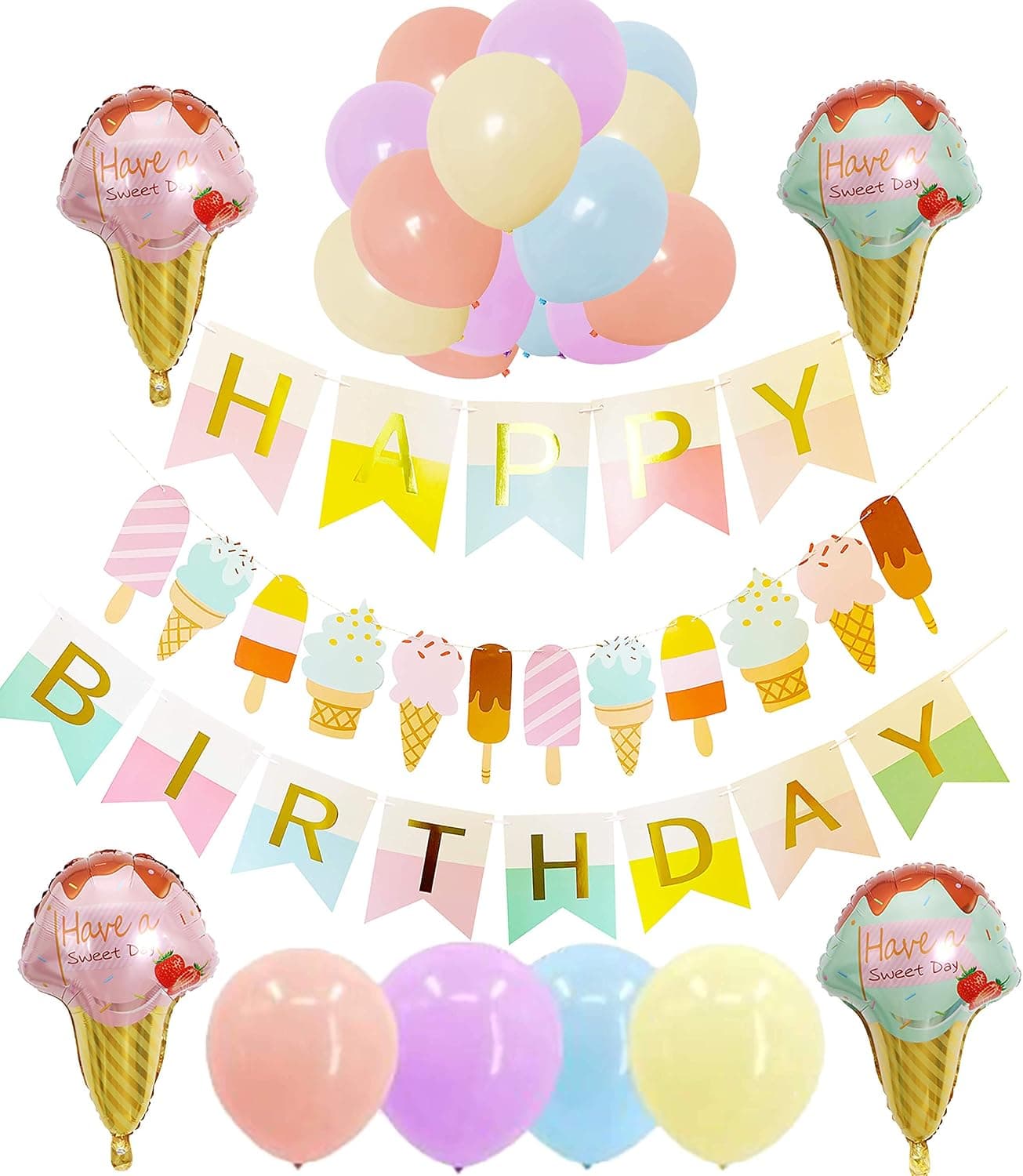 Ice Cream Themed Party Decorations for Girls and Boys: 1 Happy Birthday Banner,1 Popsicle Ｇarland, Foil and Latex Balloons,Kids Summer Pool Supplies and Favors for Photo Props and Backdrop